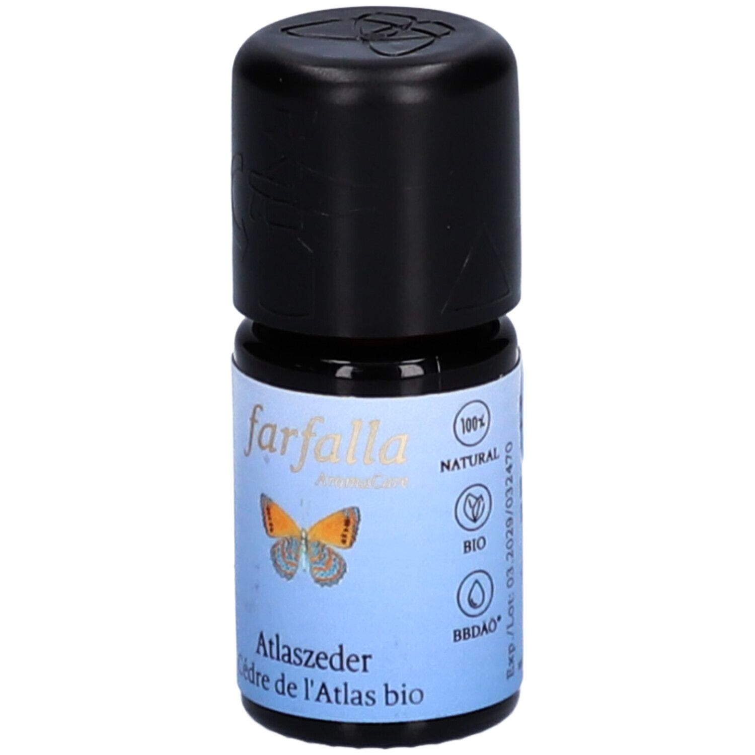 Bruine glazen fles met zwarte dop. Etiket met "farfalla AromaCare", "Atlaszeder Cèdre de l'Atlas bio" en bio-keurmerk.