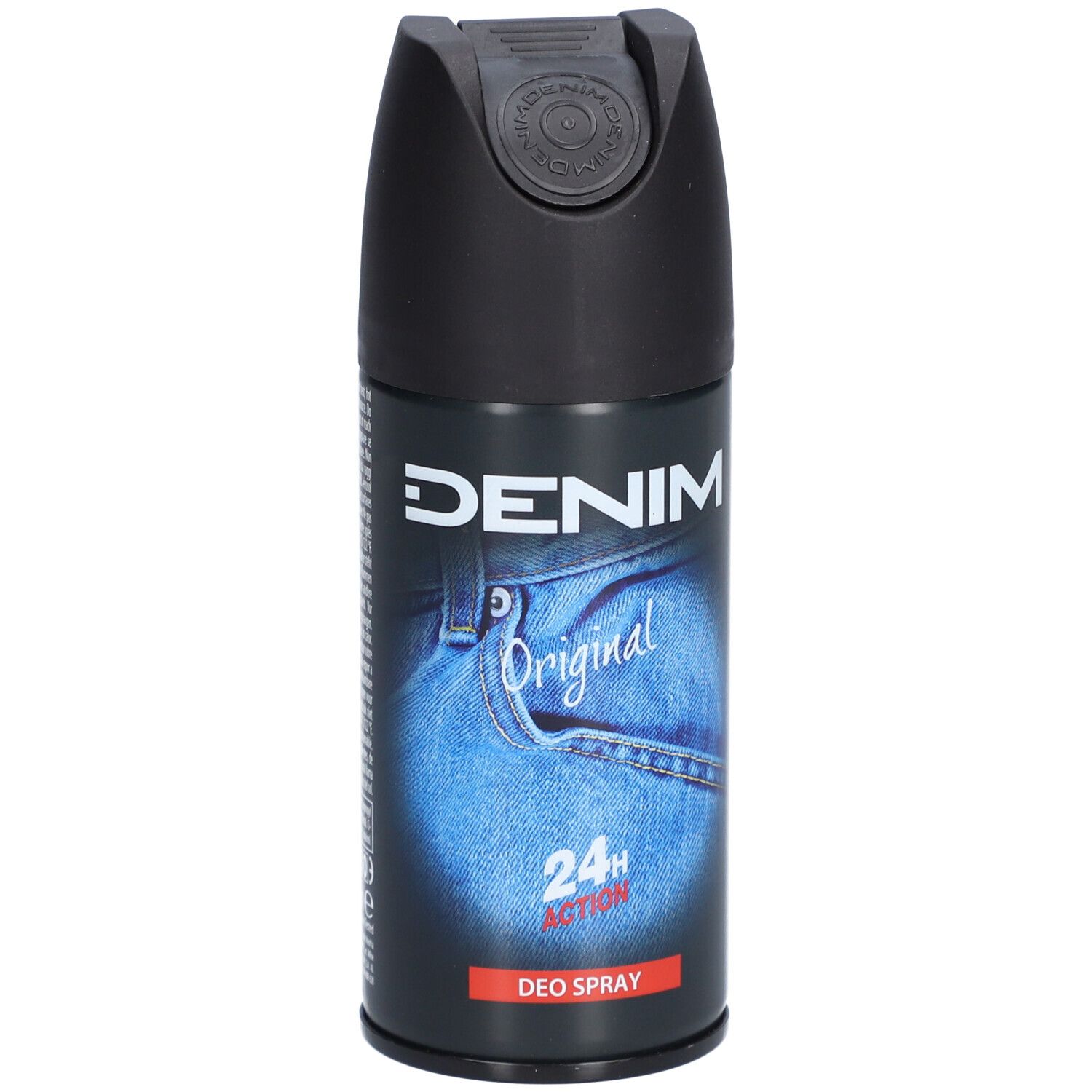 Deospray met zwarte dop. Opschrift: DENIM, Original, 24h Action, Deo Spray. Motief: jeanszak.