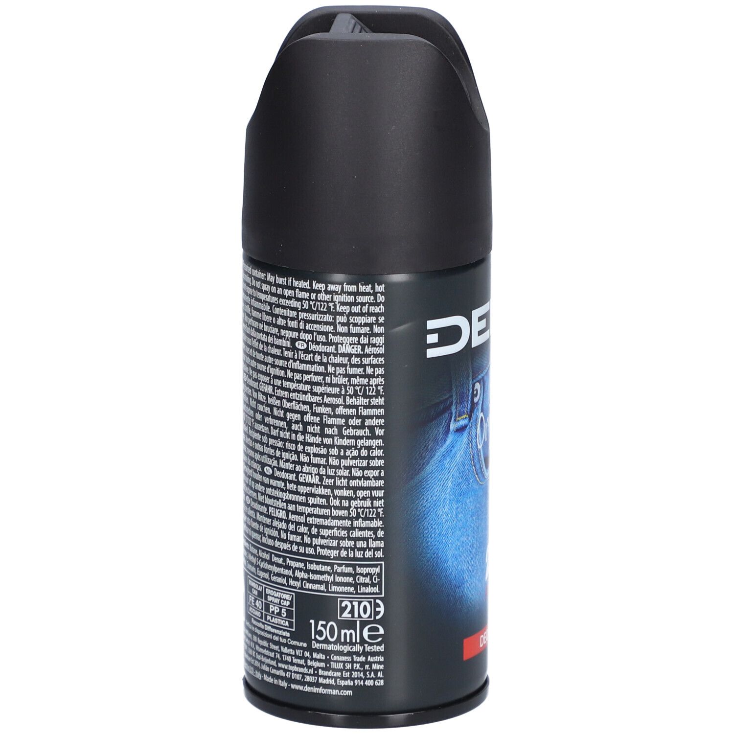 Achterkant van de deospray met tekst. Opschrift: 150 ml. Waarschuwingen en pictogrammen.