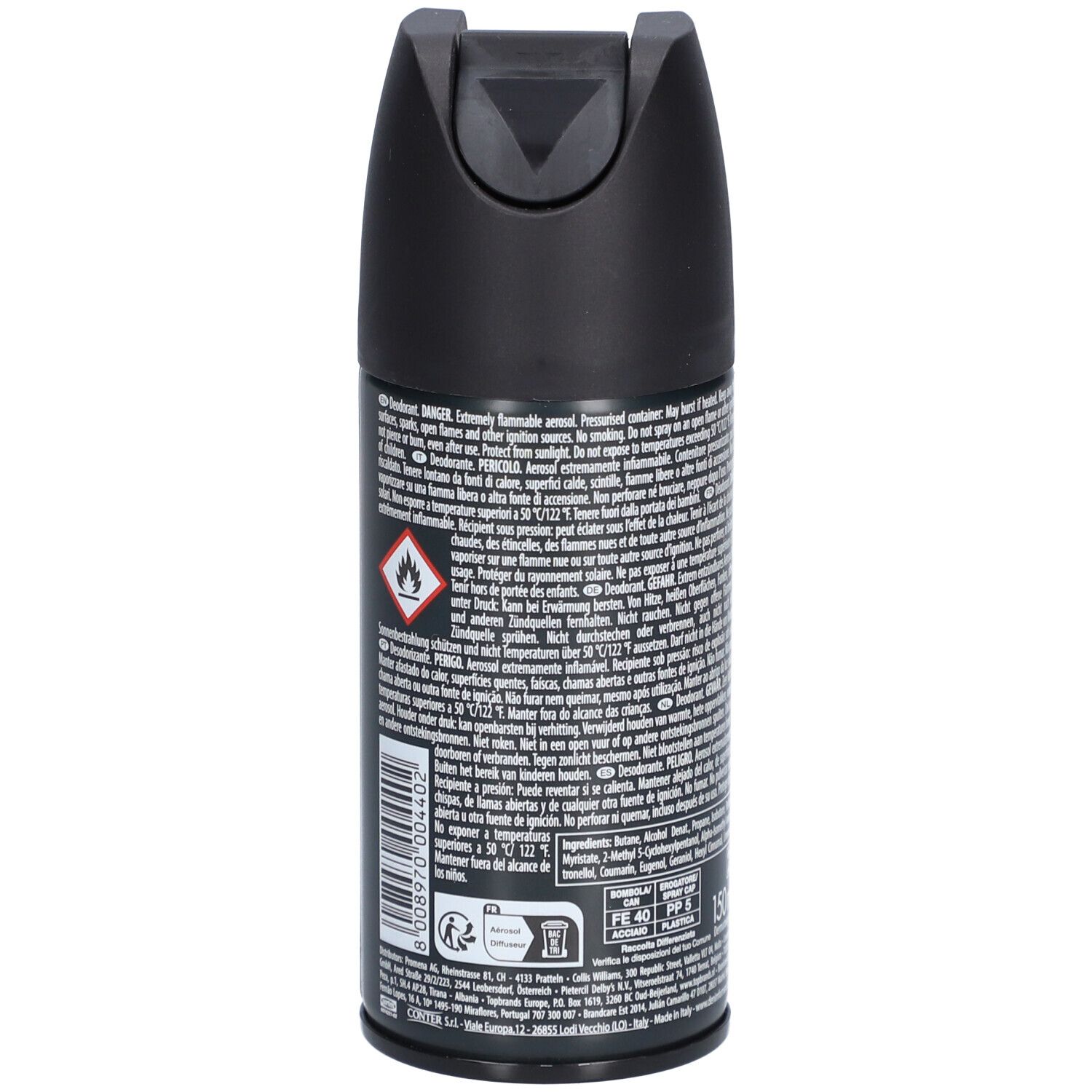 Achterkant van de deospray met tekst. Waarschuwingen en pictogrammen. Vlamsymbool.