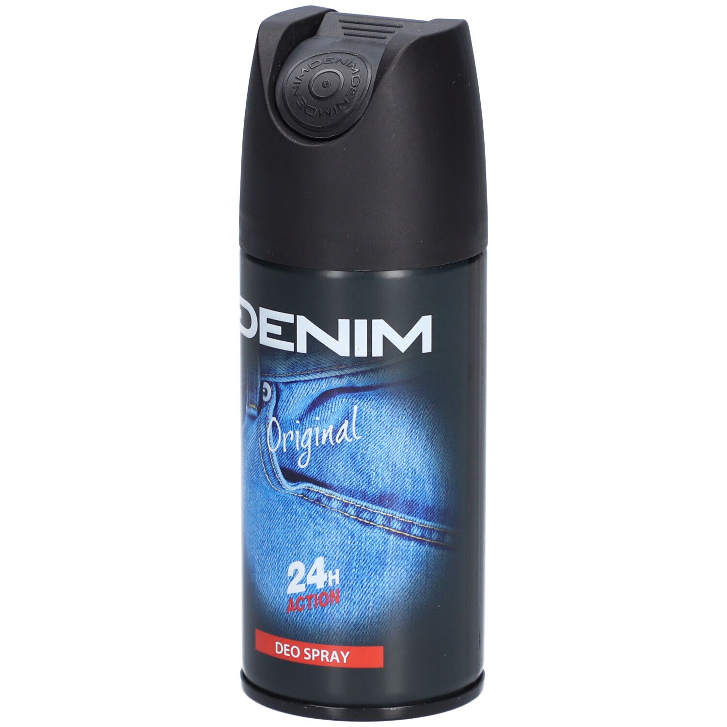 Deospray met zwarte dop. Opschrift: DENIM, Original, 24h Action, Deo Spray. Motief: jeanszak.