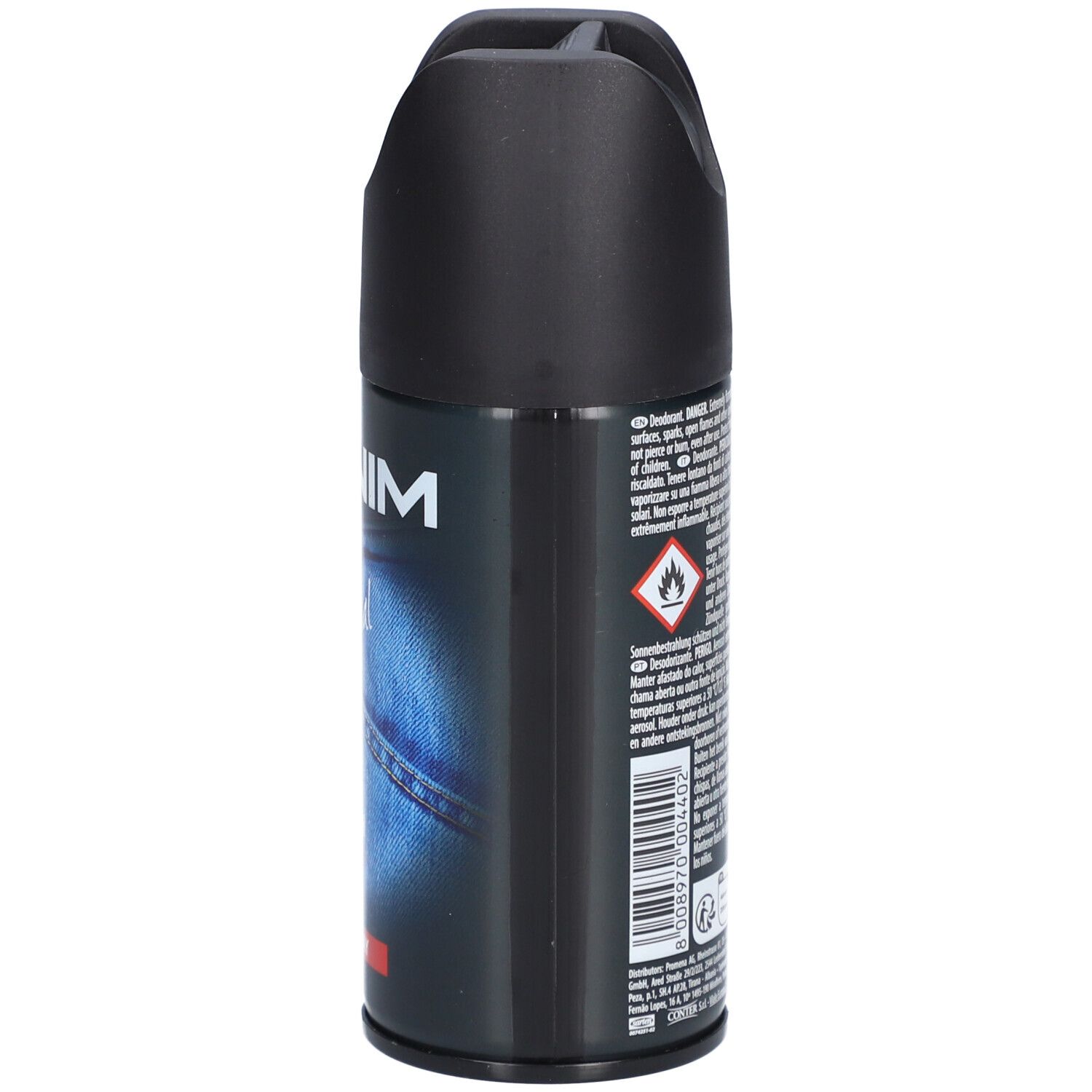 Achterkant van de deospray met tekst. Waarschuwingen en pictogrammen. Vlamsymbool.