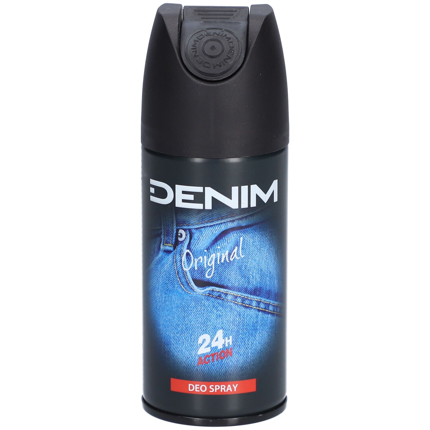 Deospray met zwarte dop. Opschrift: DENIM, Original, 24h Action, Deo Spray. Motief: jeanszak.