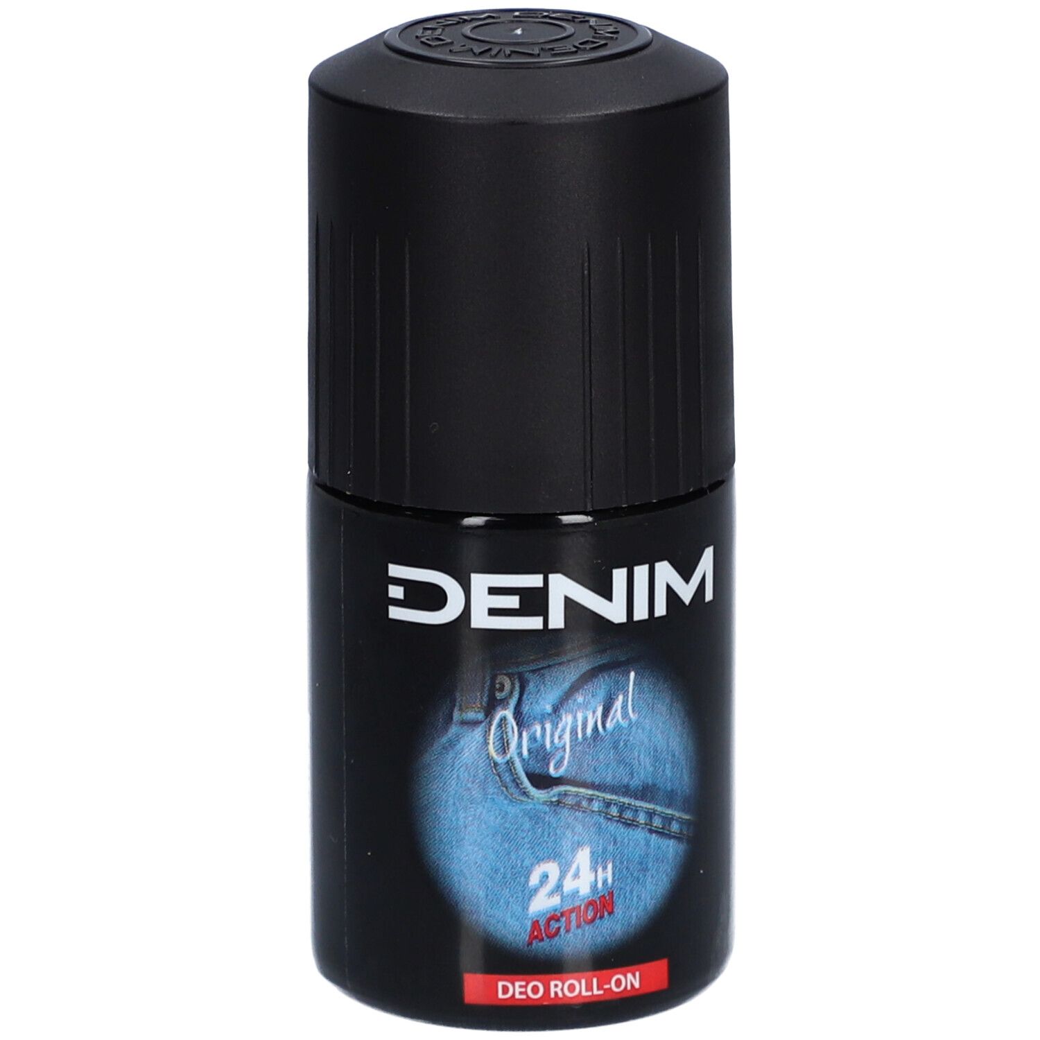 Zwarte deodorantroller met witte tekst DENIM, blauw jeansontwerp en 24H Action. DEO ROLL-ON.