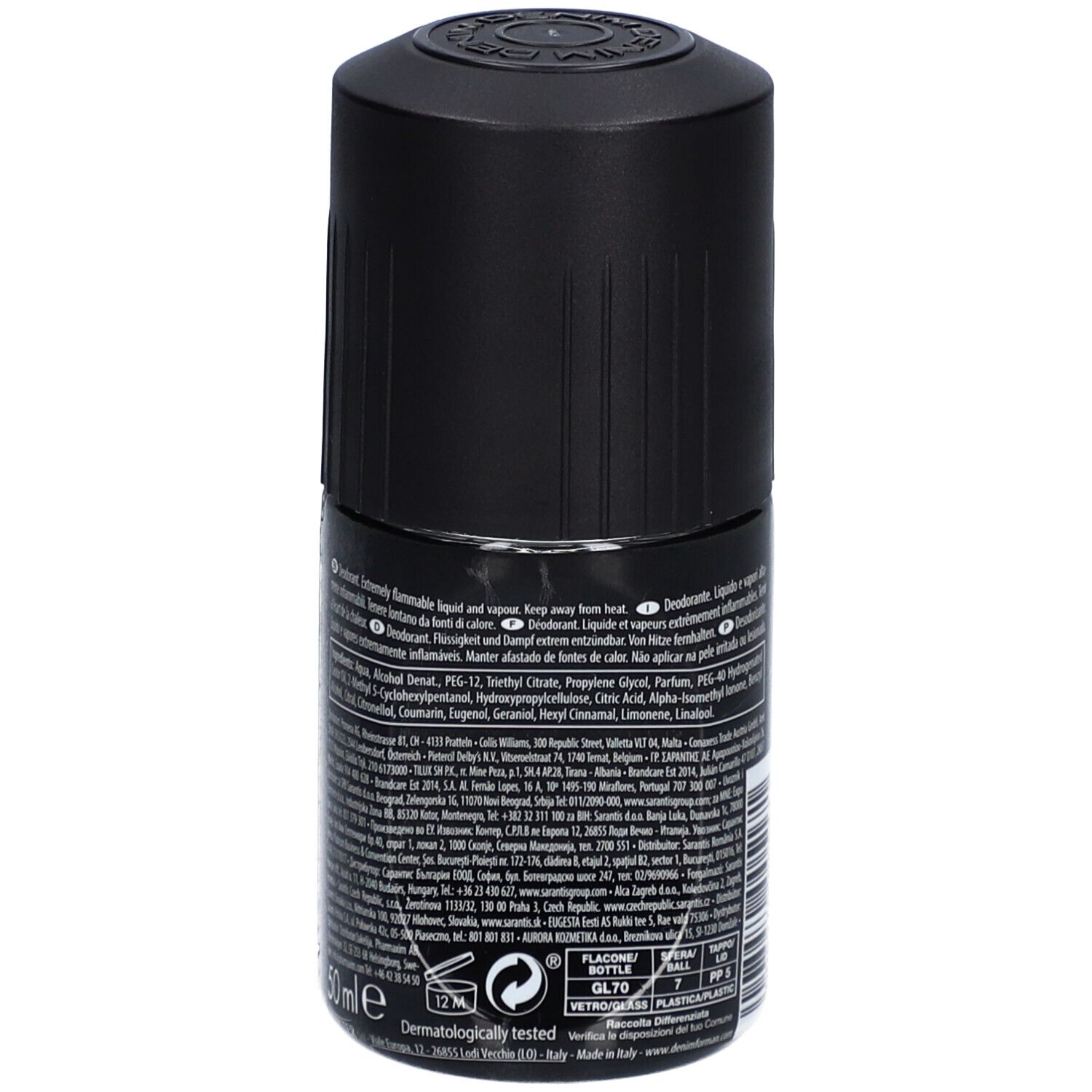 Deodorantroller, achterkant met ingrediënten, fabrikanteninformatie, recyclingsymbolen en 50 ml.