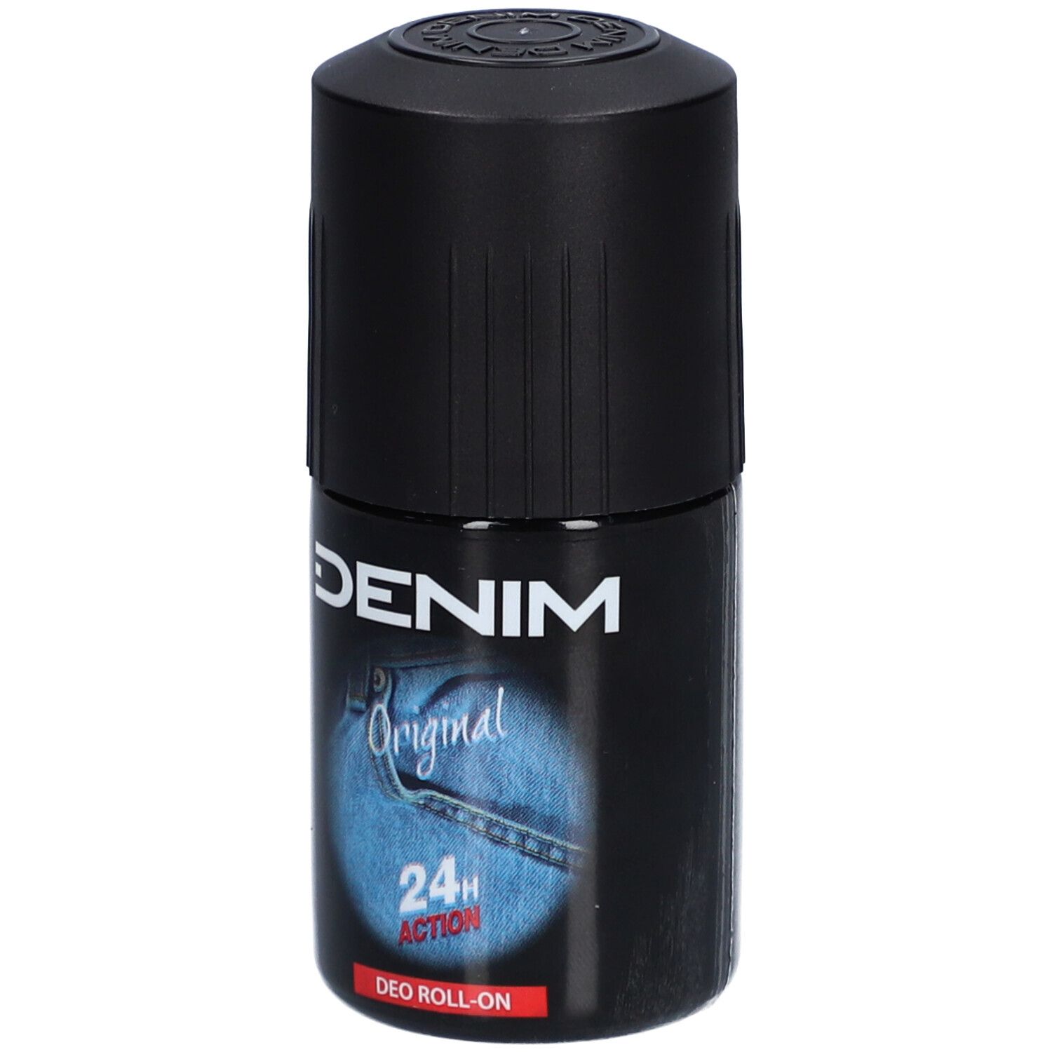 Zwarte deodorantroller met witte tekst DENIM, blauw jeansontwerp en 24H Action. DEO ROLL-ON.
