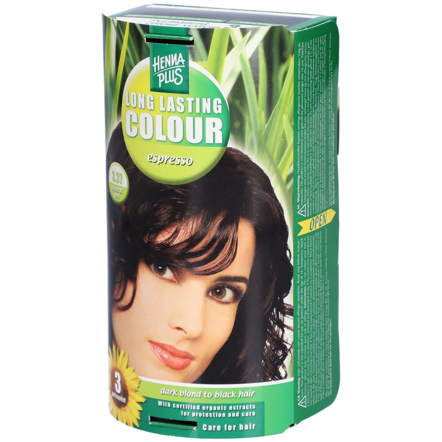 Boîte de coloration capillaire. Verte, avec nom du produit et image d'une femme aux cheveux bruns. "Espresso" et numéro de couleur.