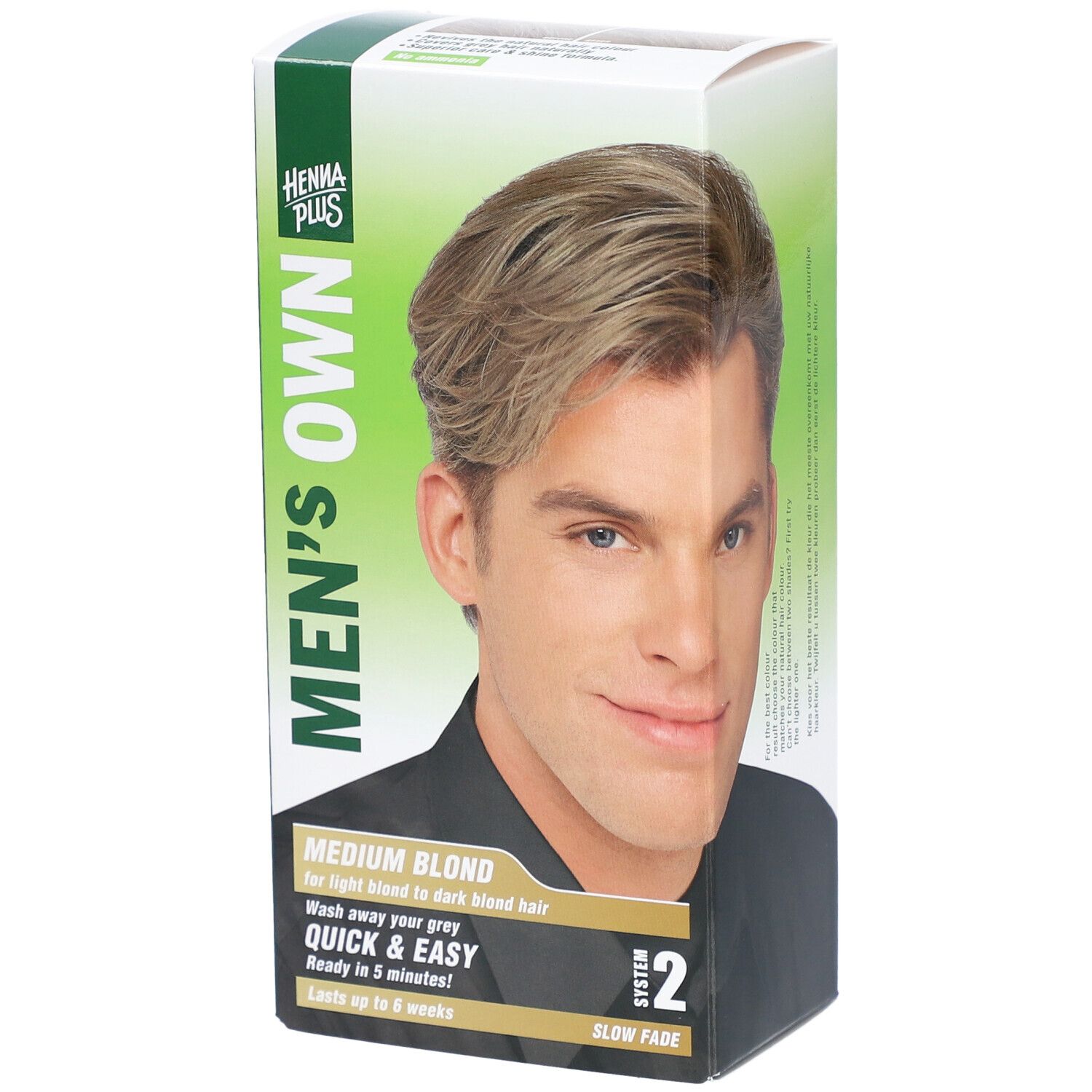 Doos HENNA PLUS MEN'S OWN medium blond. Afbeelding van blonde man. Tekst: MEDIUM BLOND, Quick & Easy, Systeem 2.