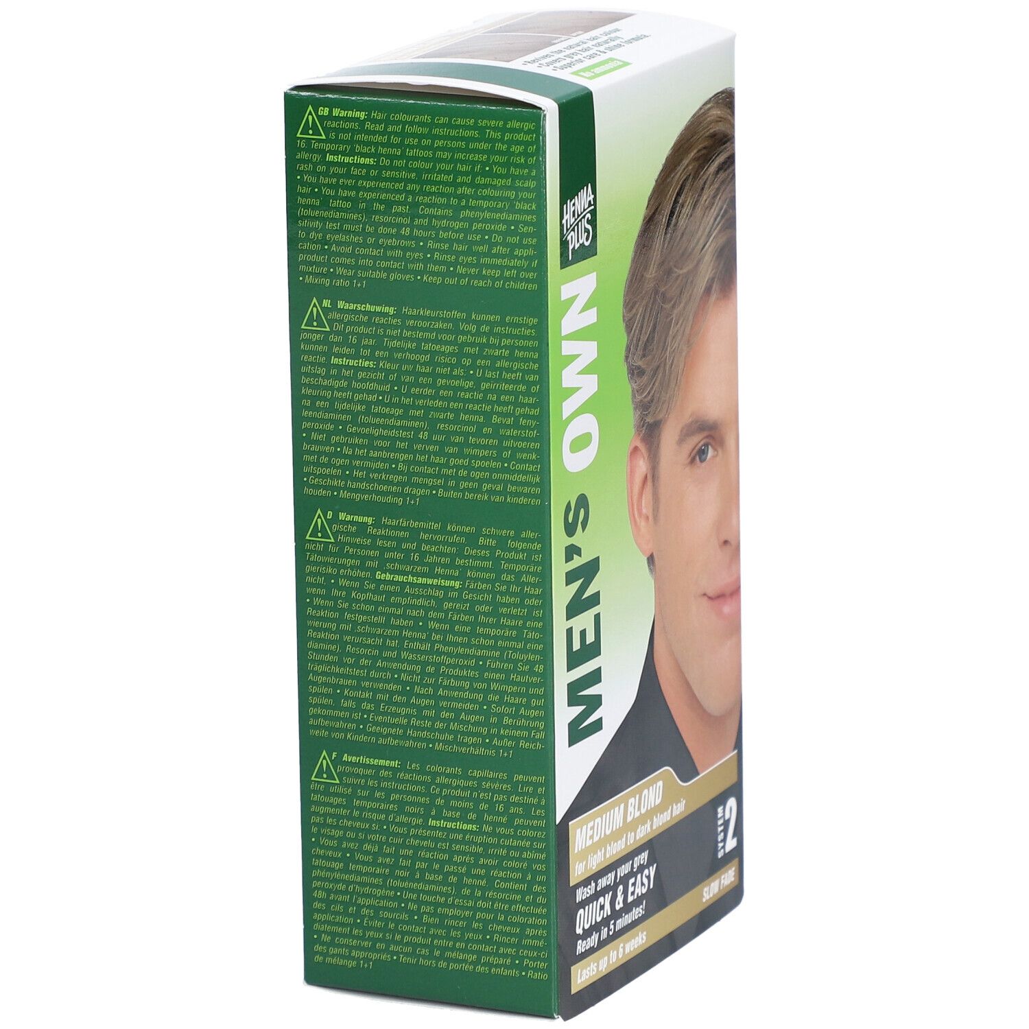Doos HENNA PLUS MEN'S OWN medium blond. Achterkant met tekst en afbeelding van man. Tekst: MEDIUM BLOND, Quick & Easy, Systeem 2.