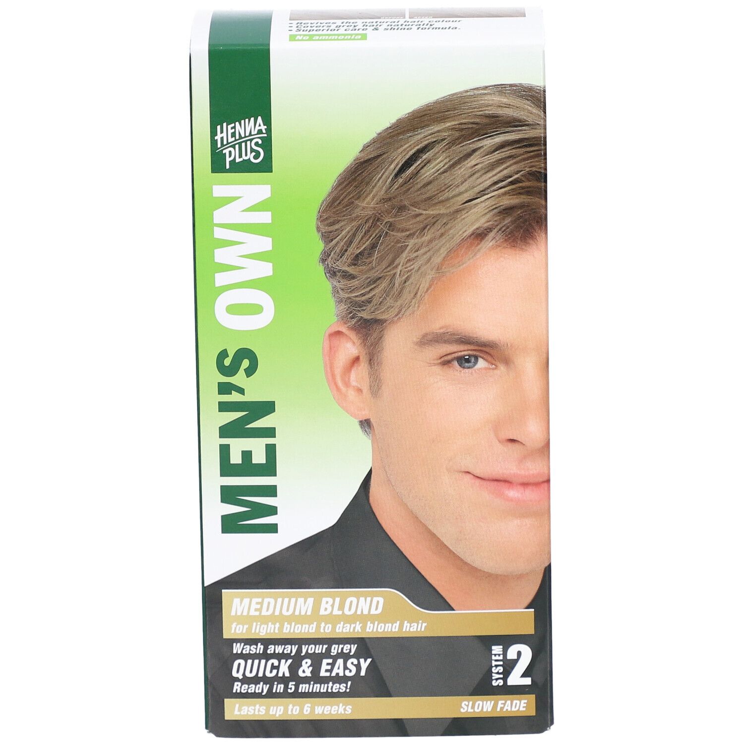 Doos HENNA PLUS MEN'S OWN medium blond. Afbeelding van blonde man. Tekst: MEDIUM BLOND, Quick & Easy, Systeem 2.
