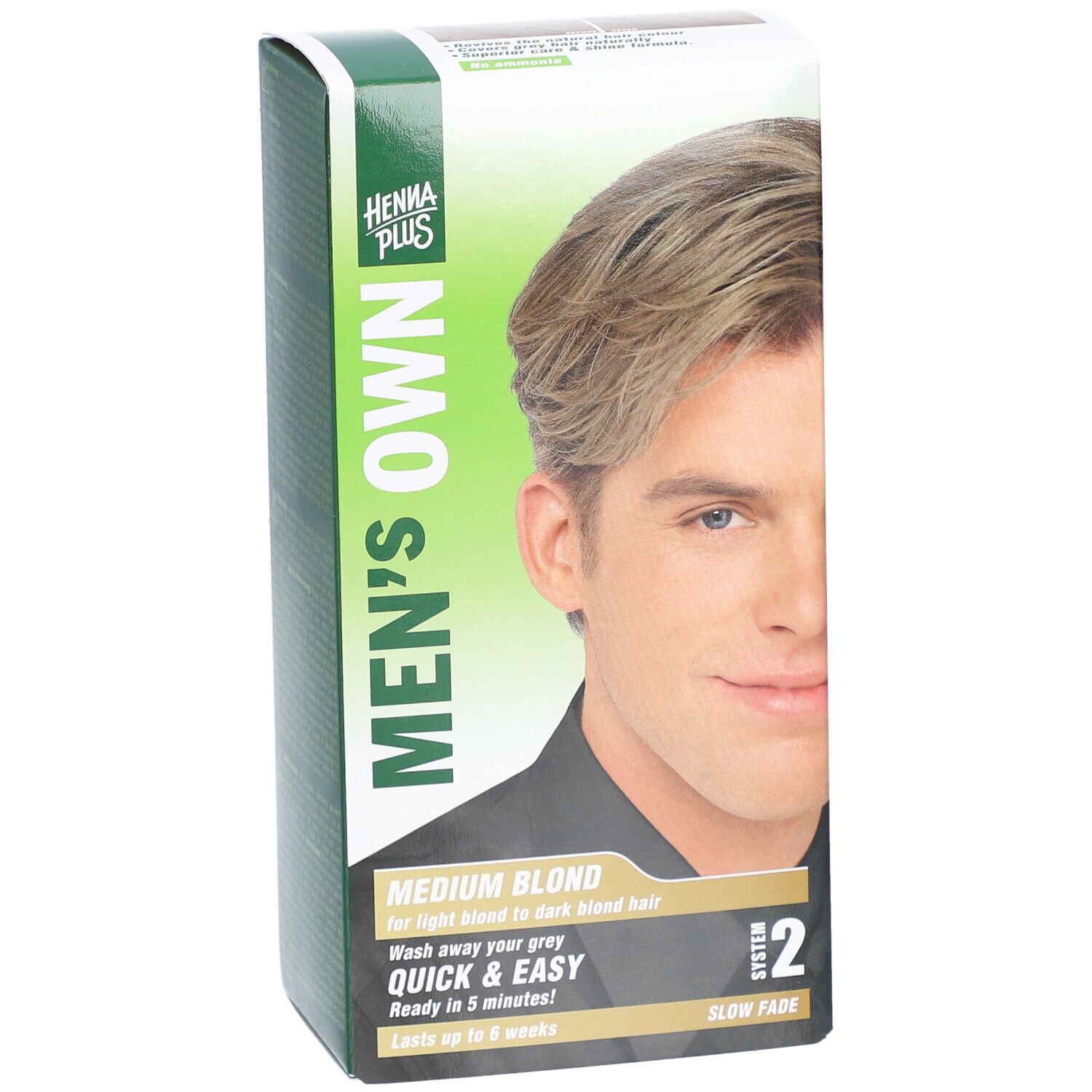 Doos HENNA PLUS MEN'S OWN medium blond. Voorkant met tekst en afbeelding van man. Tekst: MEDIUM BLOND, Quick & Easy, Systeem 2.