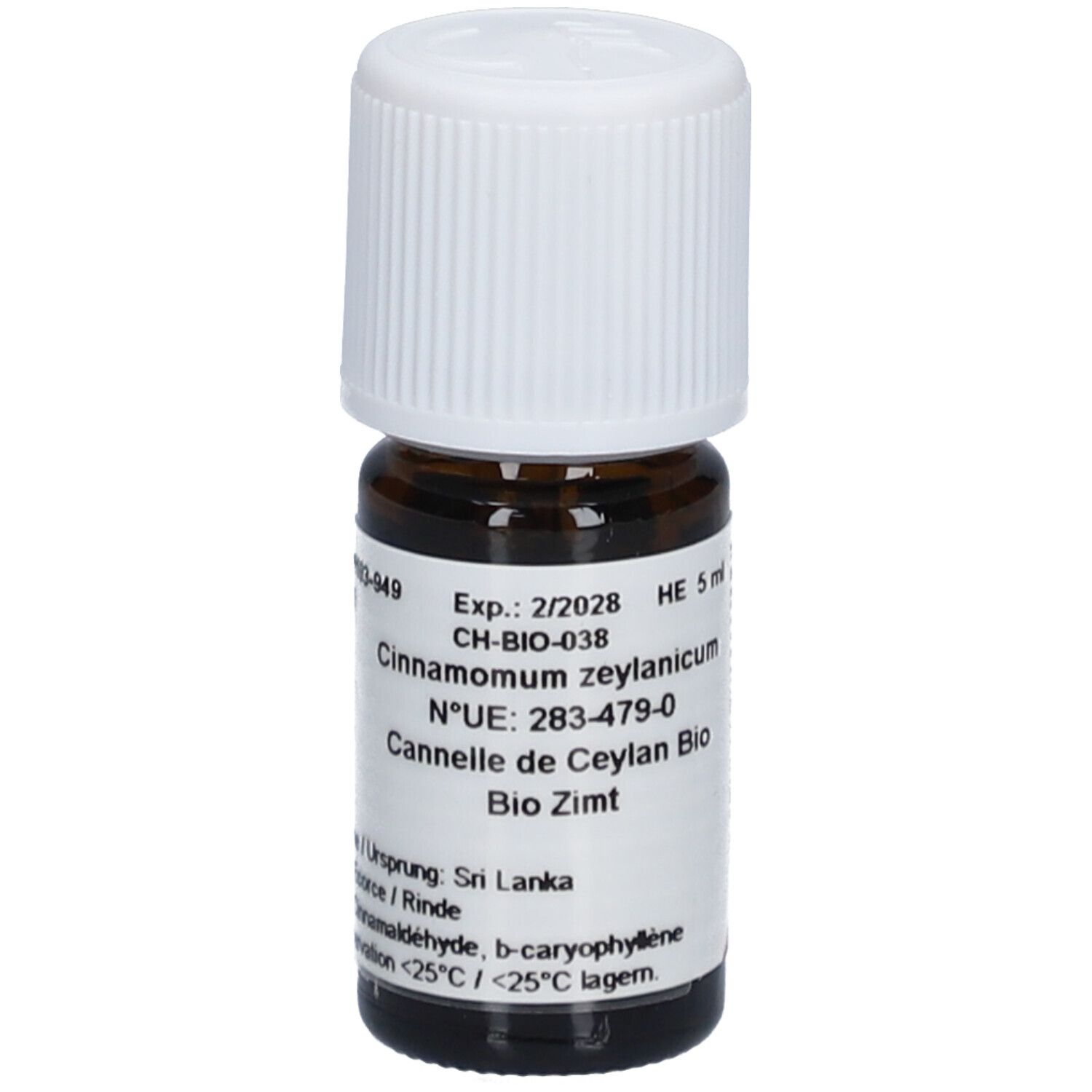 Bruine glazen fles met witte schroefdop. Etiket met productinformatie. HE 5 ml.