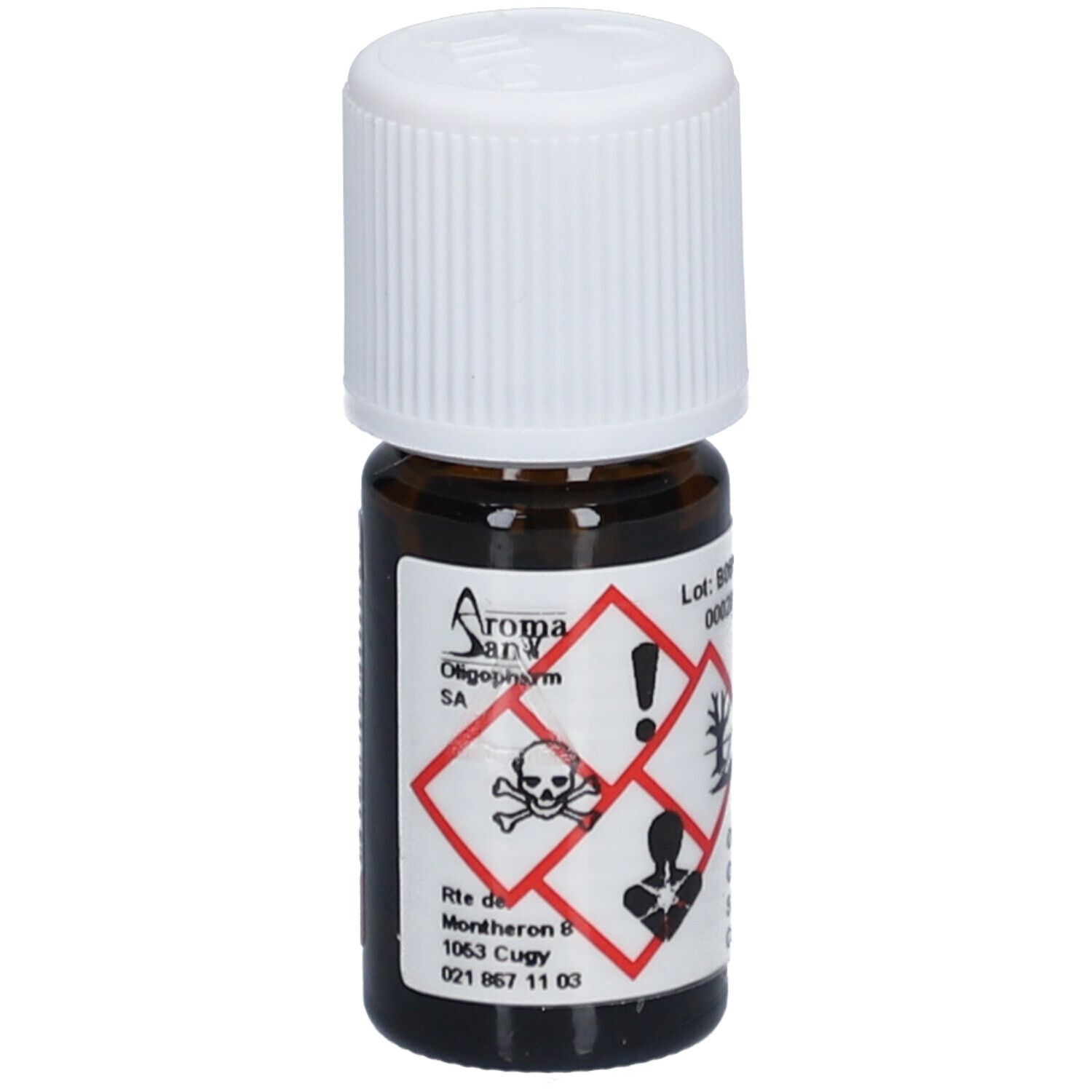 Bruine glazen fles met witte schroefdop. Etiket met logo en gevarensymbolen. HE 5 ml.