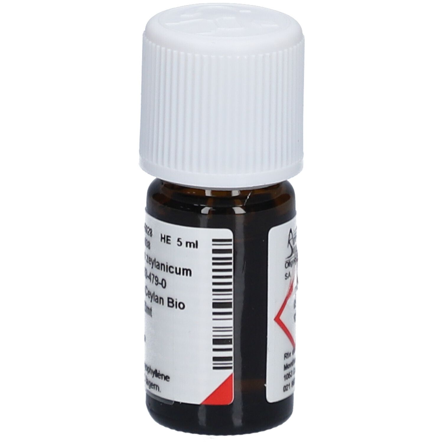 Bruine glazen fles met witte schroefdop. Etiket met productinformatie en barcode. HE 5 ml.