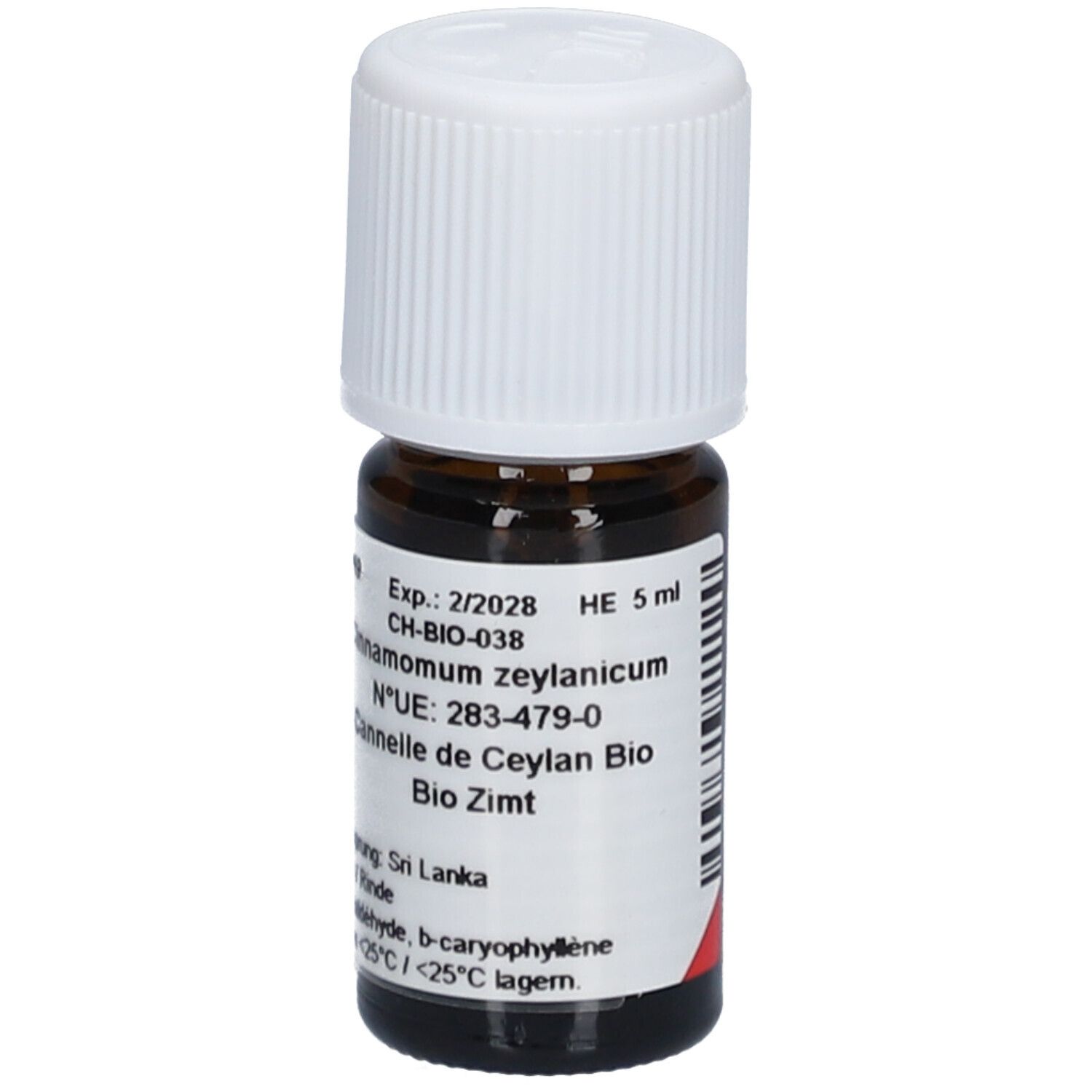 Bruine glazen fles met witte schroefdop. Etiket met productinformatie. HE 5 ml.