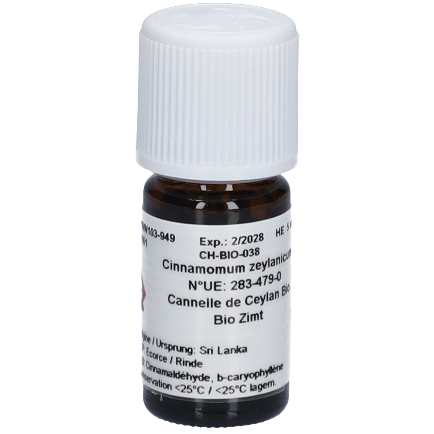 Bruine glazen fles met witte schroefdop. Etiket met productinformatie en gevarensymbool. HE 5 ml.