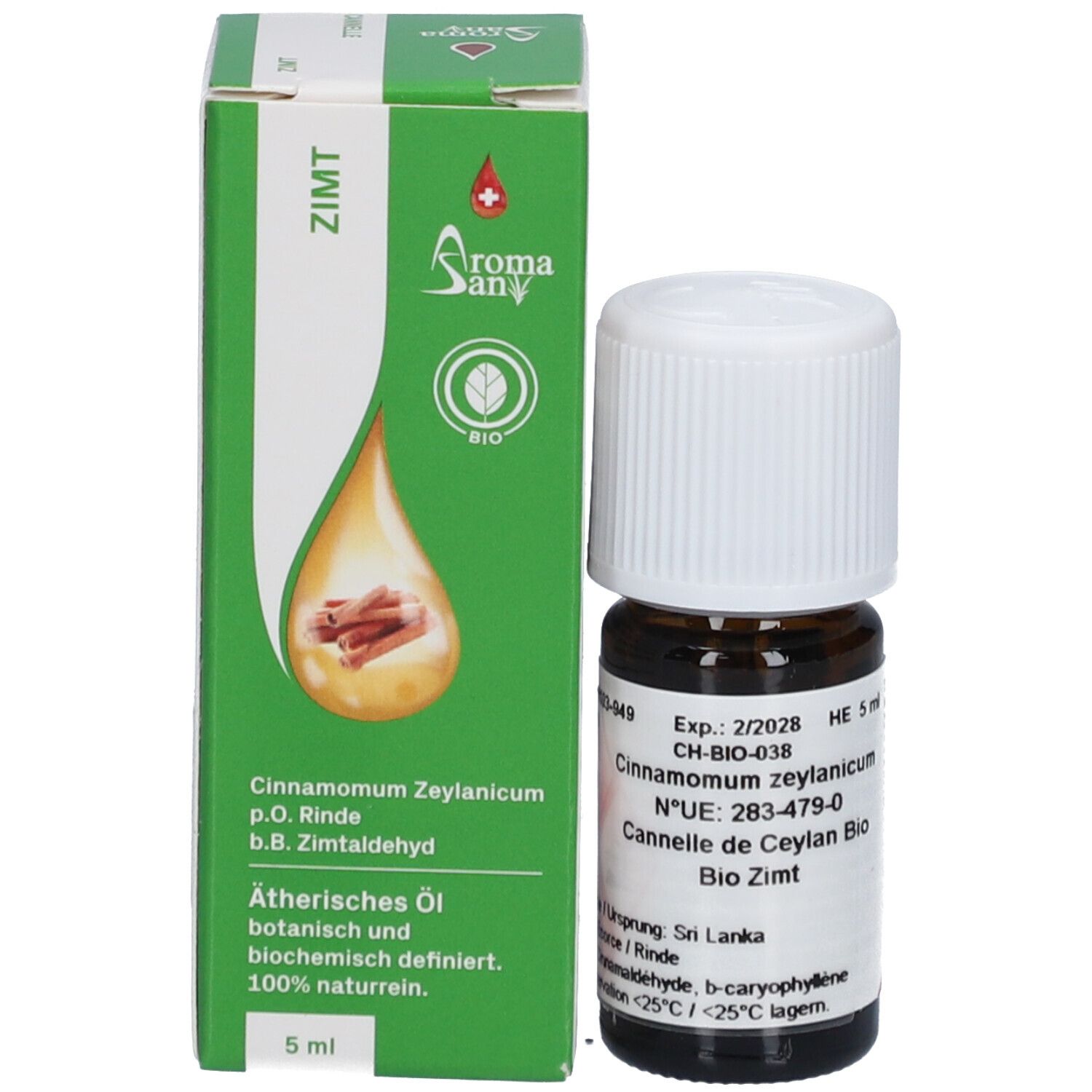 Bruine glazen fles met witte schroefdop en groene verpakking. Etiket met productinformatie. HE 5 ml.