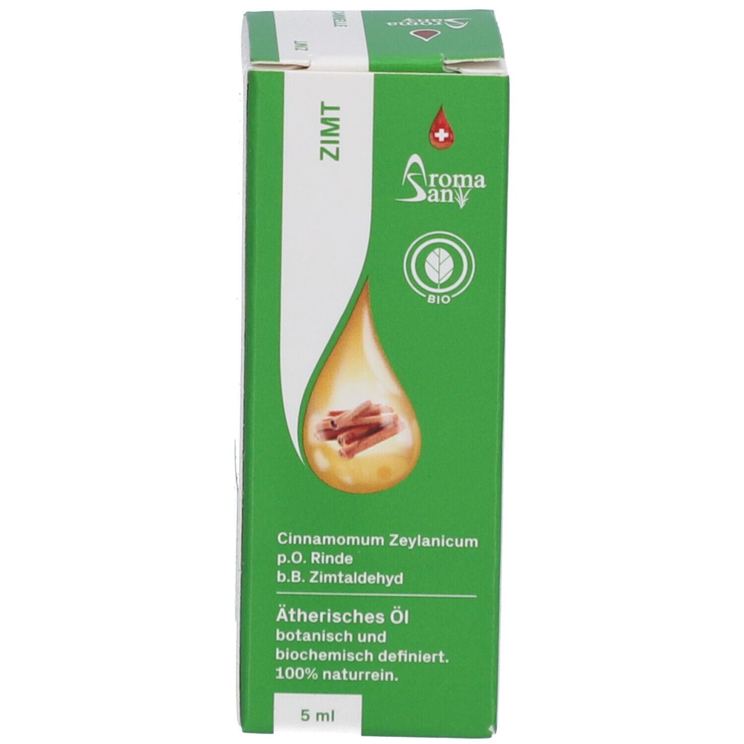Groene verpakking met bruine glazen fles en witte schroefdop. Etiket met productinformatie. HE 5 ml.