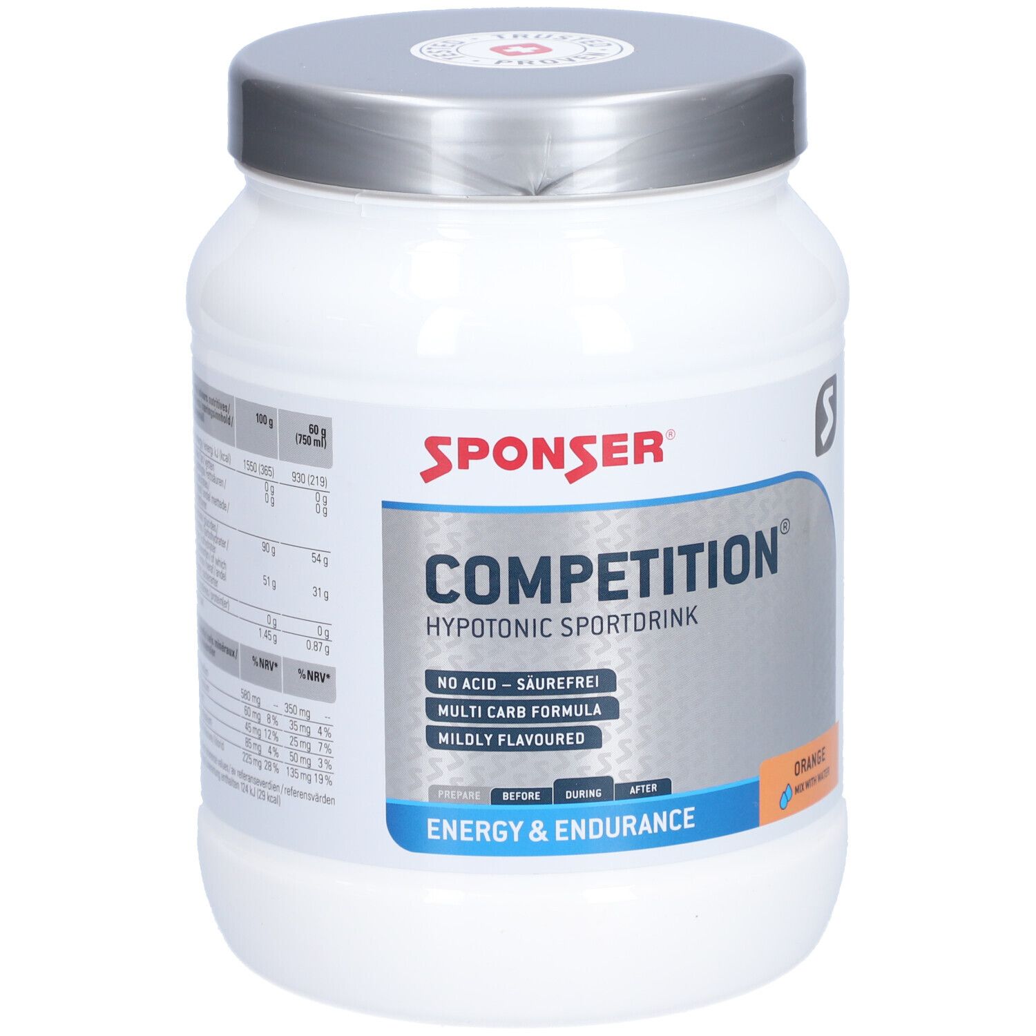 Witte SPONSER-pot met deksel. Opschrift: COMPETITION, sportdrank, sinaasappel. Bevat voedingsinformatie.