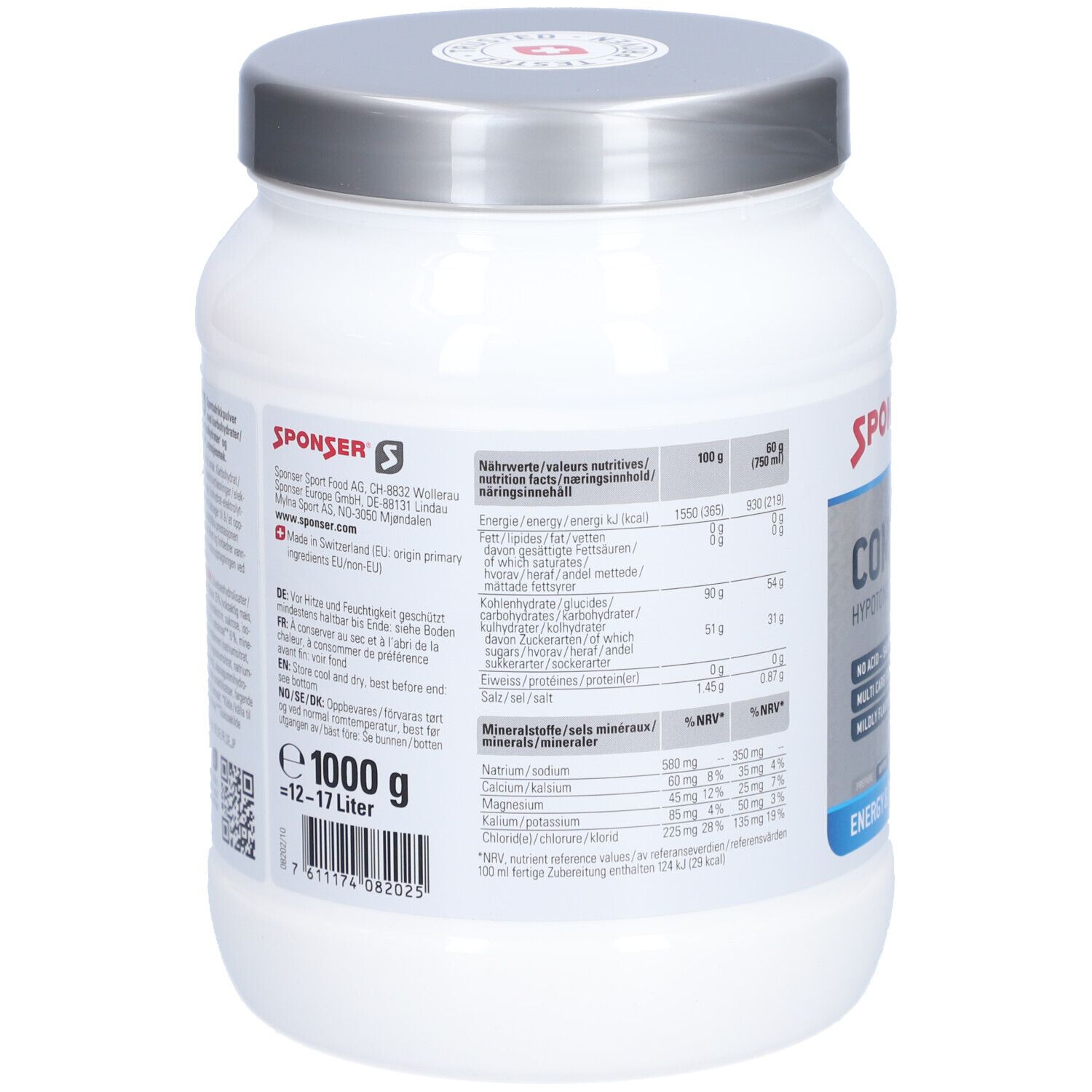 Achterkant van de witte SPONSER-pot. Bevat voedingsinformatie, ingrediënten en fabrikantgegevens. 1000 g, 12-17 liter.