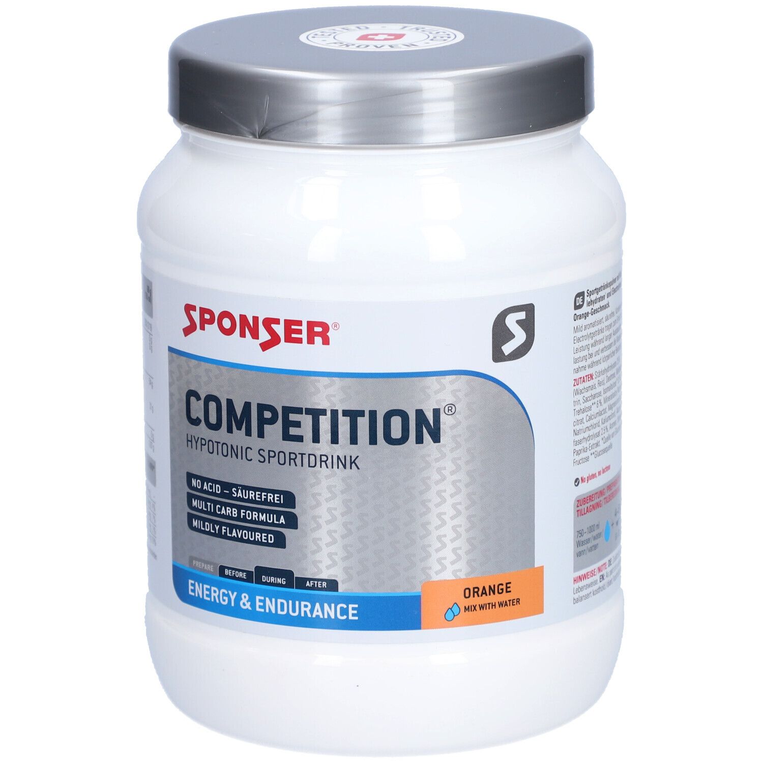 Witte SPONSER-pot met deksel. Opschrift: COMPETITION, sportdrank, sinaasappel. Smaak sinaasappel.