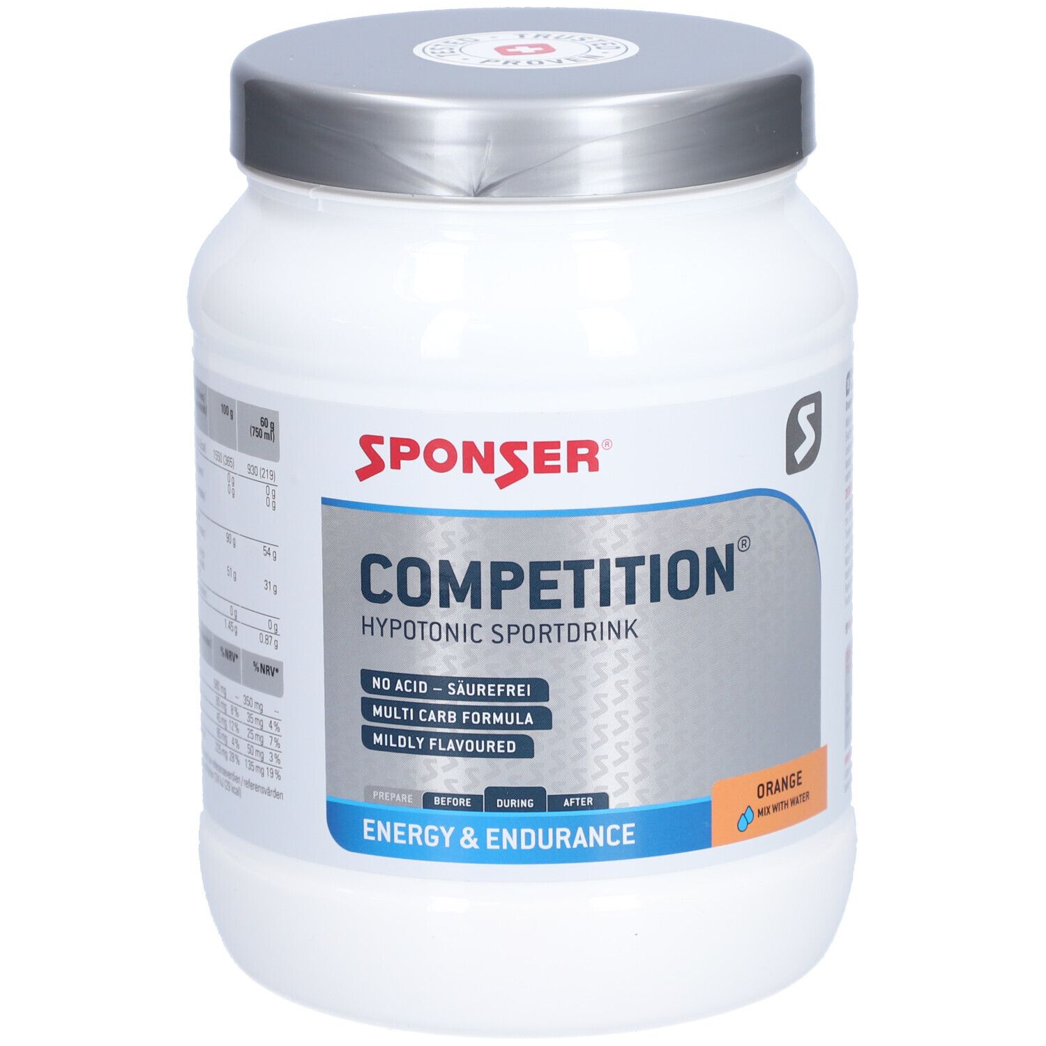 Witte SPONSER-pot met deksel. Opschrift: COMPETITION, sportdrank, sinaasappel. Bevat informatie over ingrediënten.
