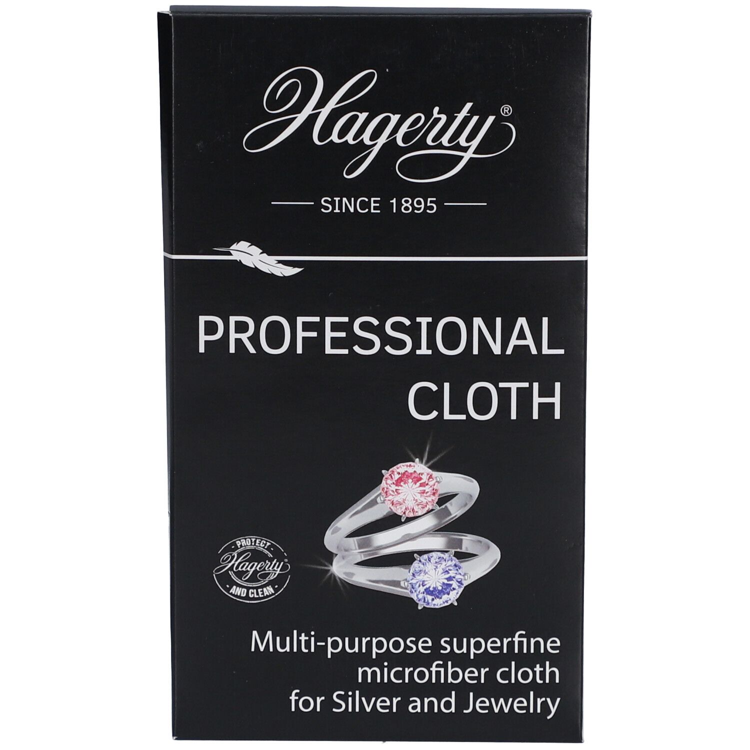 Emballage noir. Logo Hagerty. Texte: Professional Cloth. Illustration: deux bagues. Texte: Multi-purpose microfiber cloth for Silver & Jewelry.