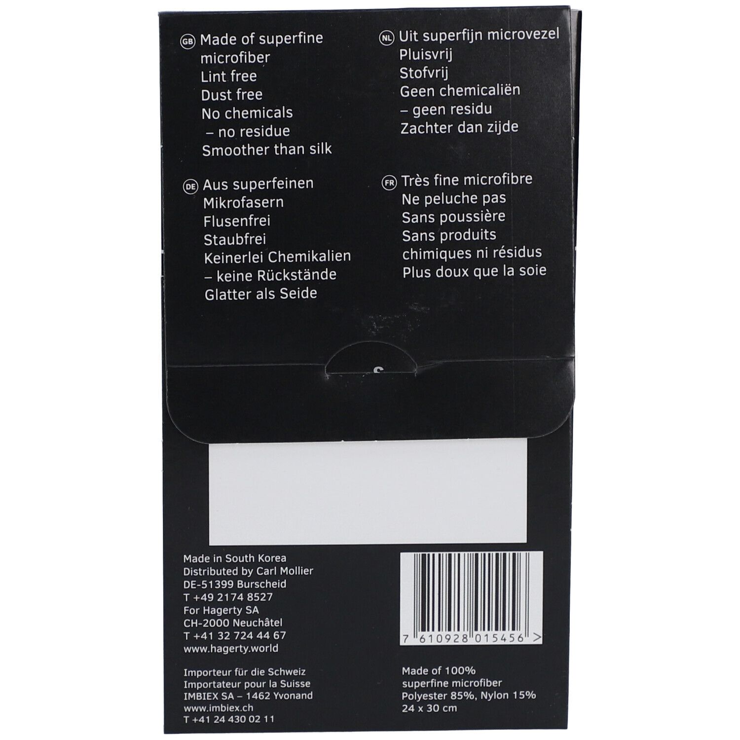 Dos de l'emballage. Texte: Fabriqué en microfibre, sans peluche, sans poussière, sans produits chimiques. Texte: 24 x 30 cm. Code-barres.