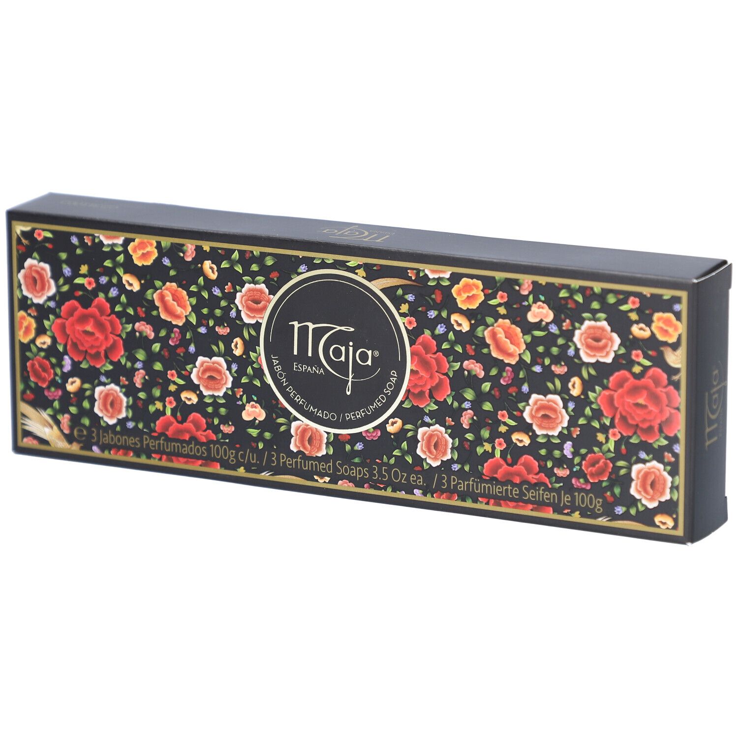 Boîte noire avec motif floral et logo. Texte: "3 Jabones Perfumados".