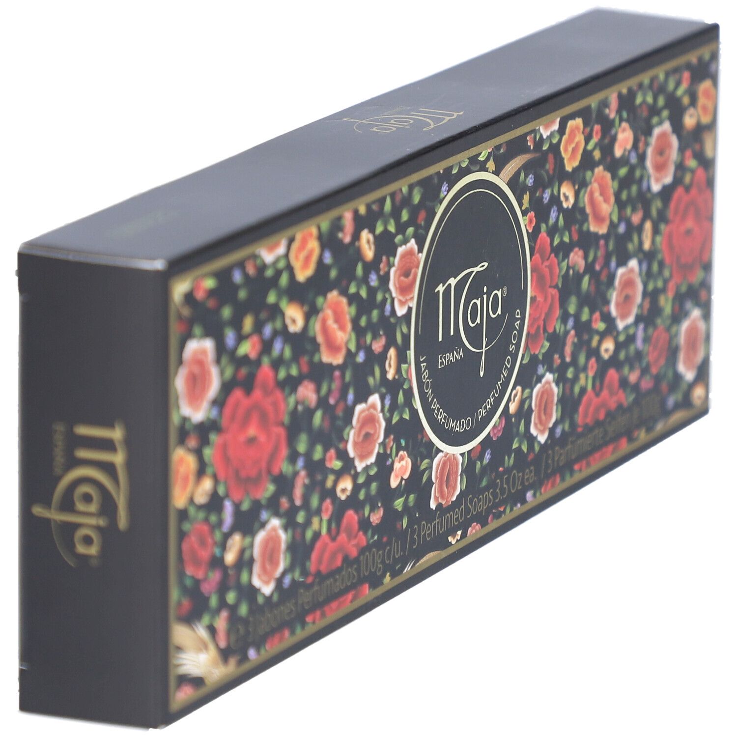 Boîte noire avec motif floral et logo. Marque: Maja. Vue en perspective.