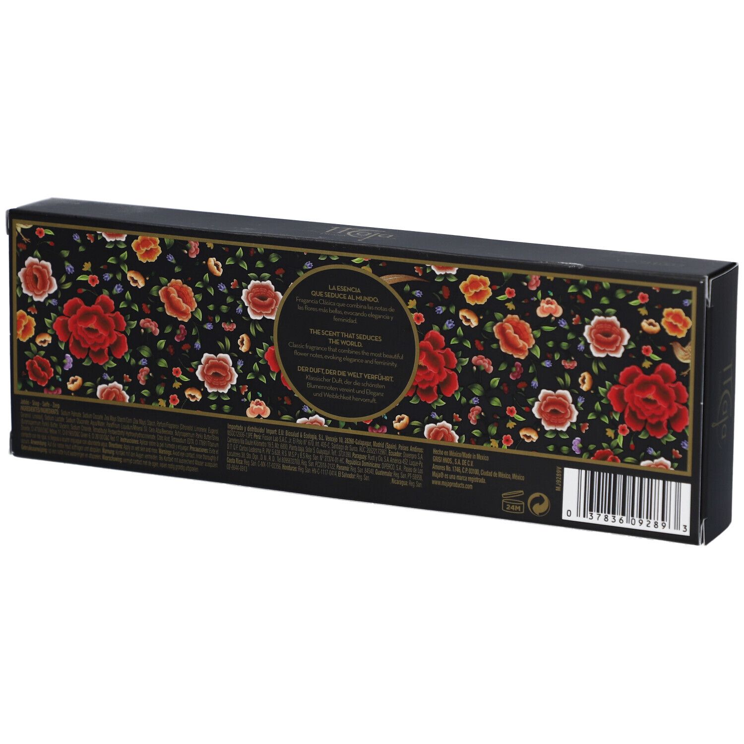 Dos d'une boîte noire avec motif floral. Texte et code-barres.