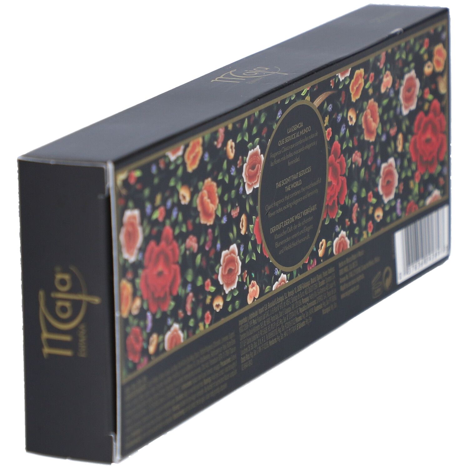 Vue en perspective du dos d'une boîte noire avec motif floral.