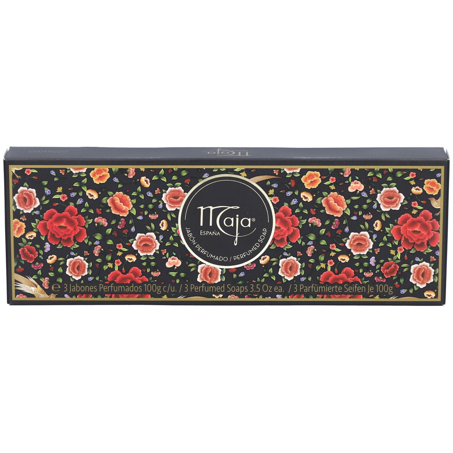 Boîte noire avec motif floral et logo. Texte: "3 Jabones Perfumados". Marque: Maja.