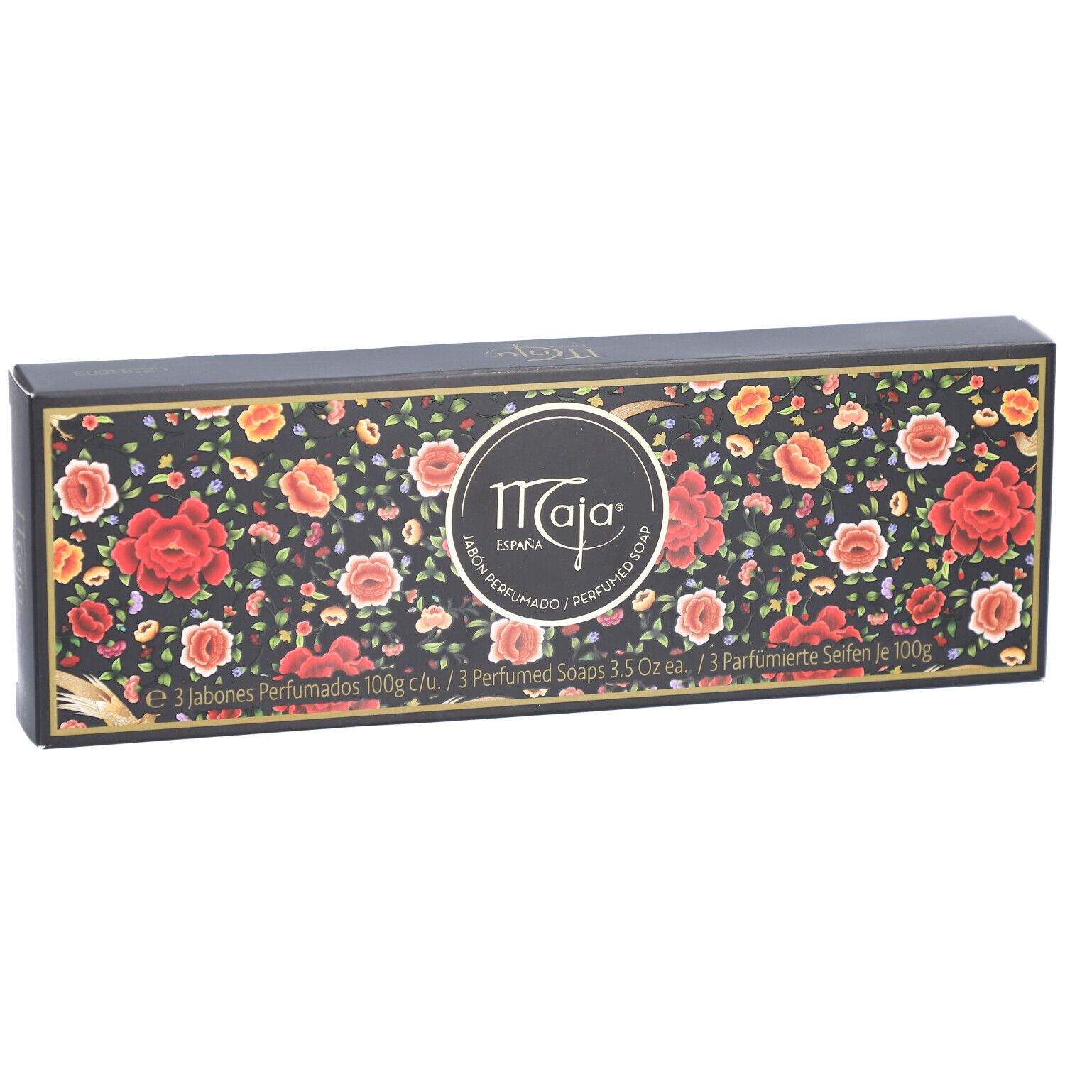 Boîte noire avec motif floral et logo. Marque: Maja. Vue en perspective.