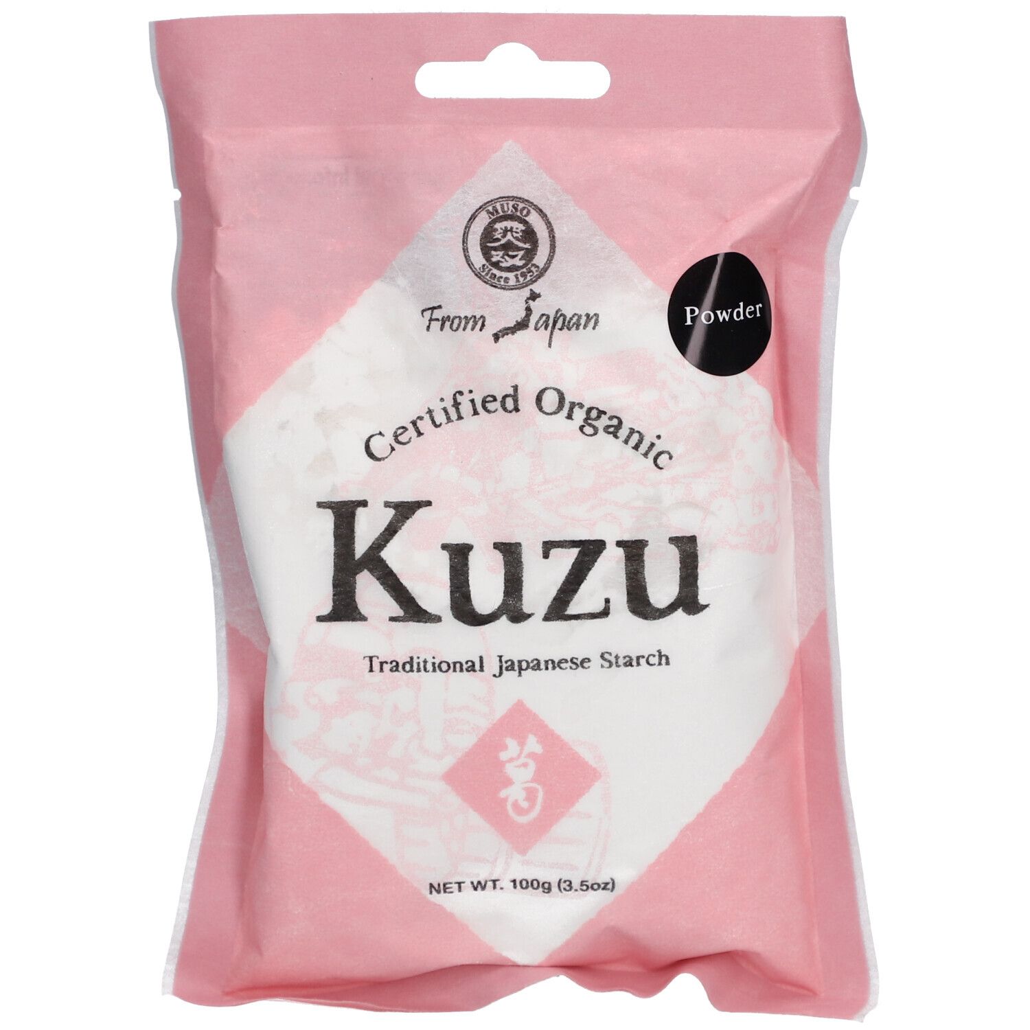 Emballage rose avec poudre de Kuzu blanche. Inscription "Certified Organic Kuzu". Sceau et texte "From Japan".