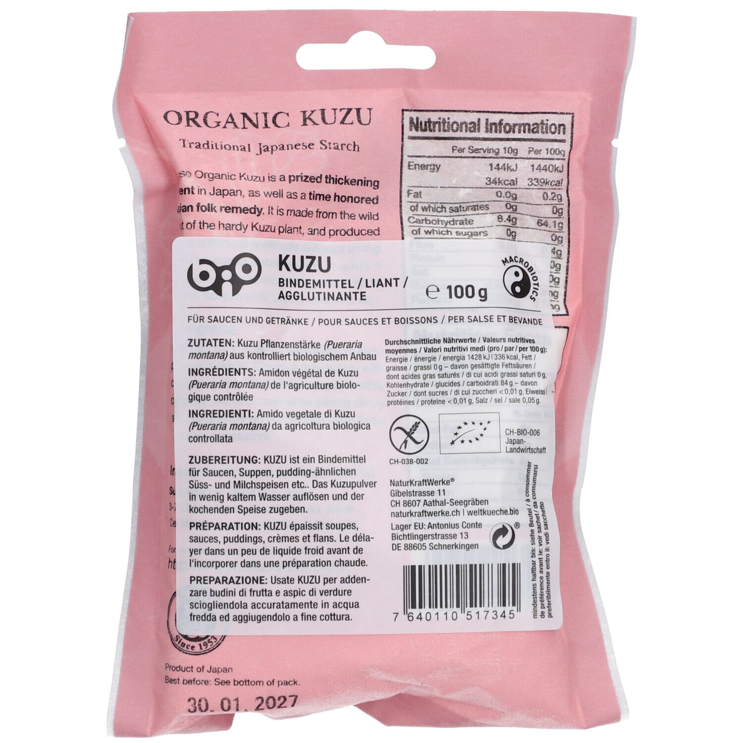 Dos de l'emballage de Kuzu. Texte : "Organic Kuzu". Informations nutritionnelles, liste des ingrédients et informations fabricant.