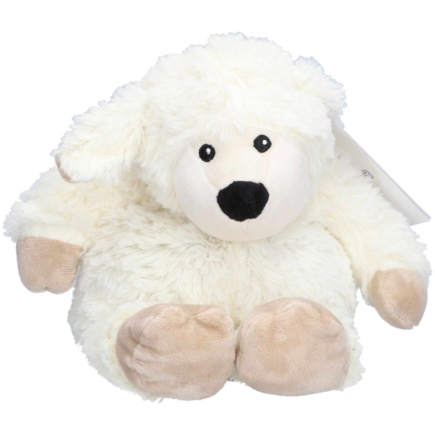 Wit schaap knuffel met zwarte neus en ogen, beige voeten. Label op hoofd. Zacht materiaal.
