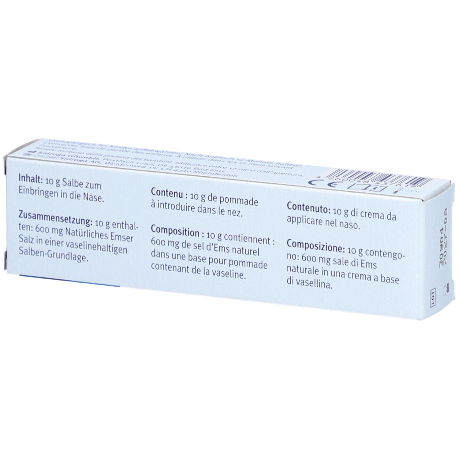 Achterkant van de productverpakking. Tekst in het Duits, Frans en Italiaans. Inhoud: 10 g zalf. Samenstelling.