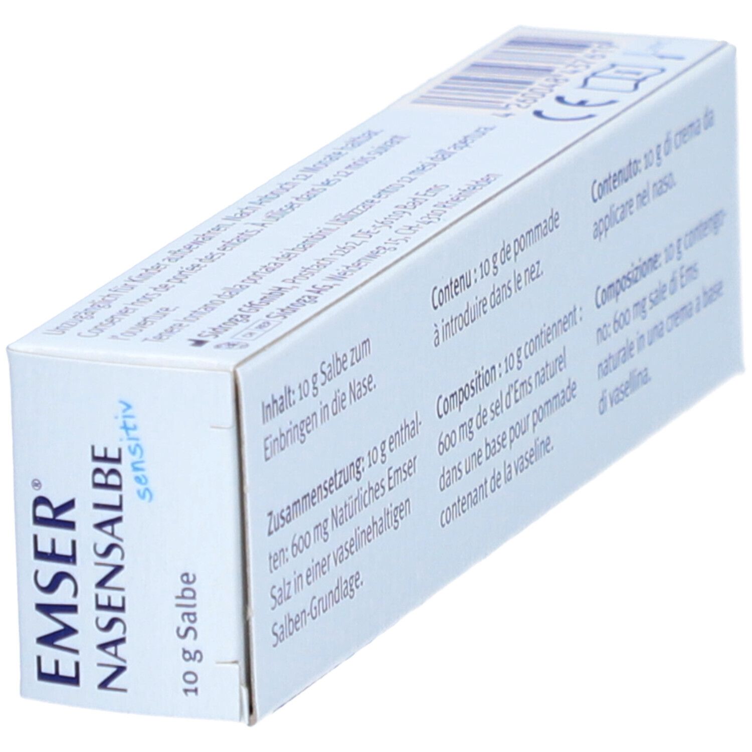 Schuinstaande productverpakking. Achterkant met tekst in het Duits, Frans en Italiaans. Inhoud: 10 g zalf.