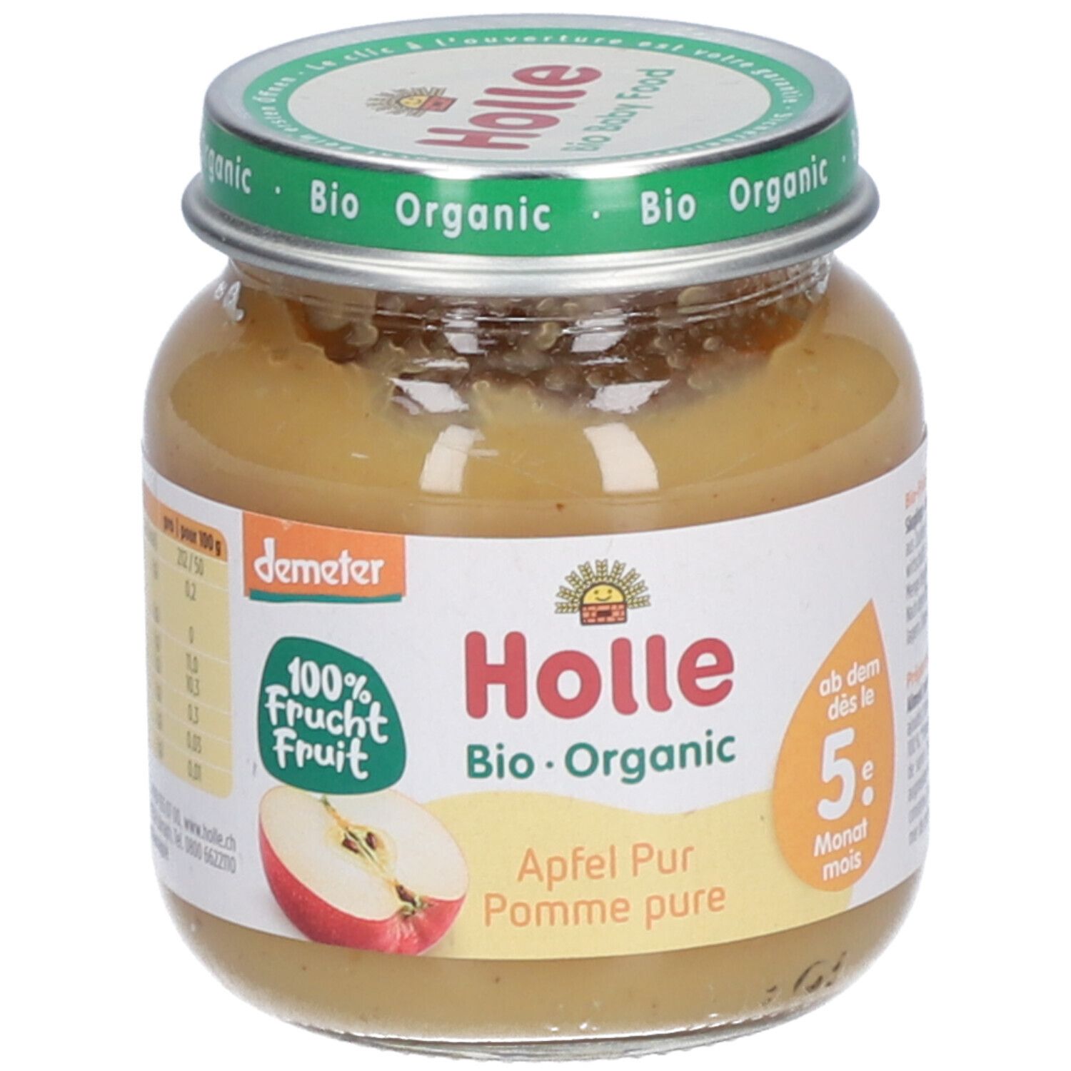 Préparation de fruits bio Holle Pomme Pure en pot, 100% fruit, label Demeter.