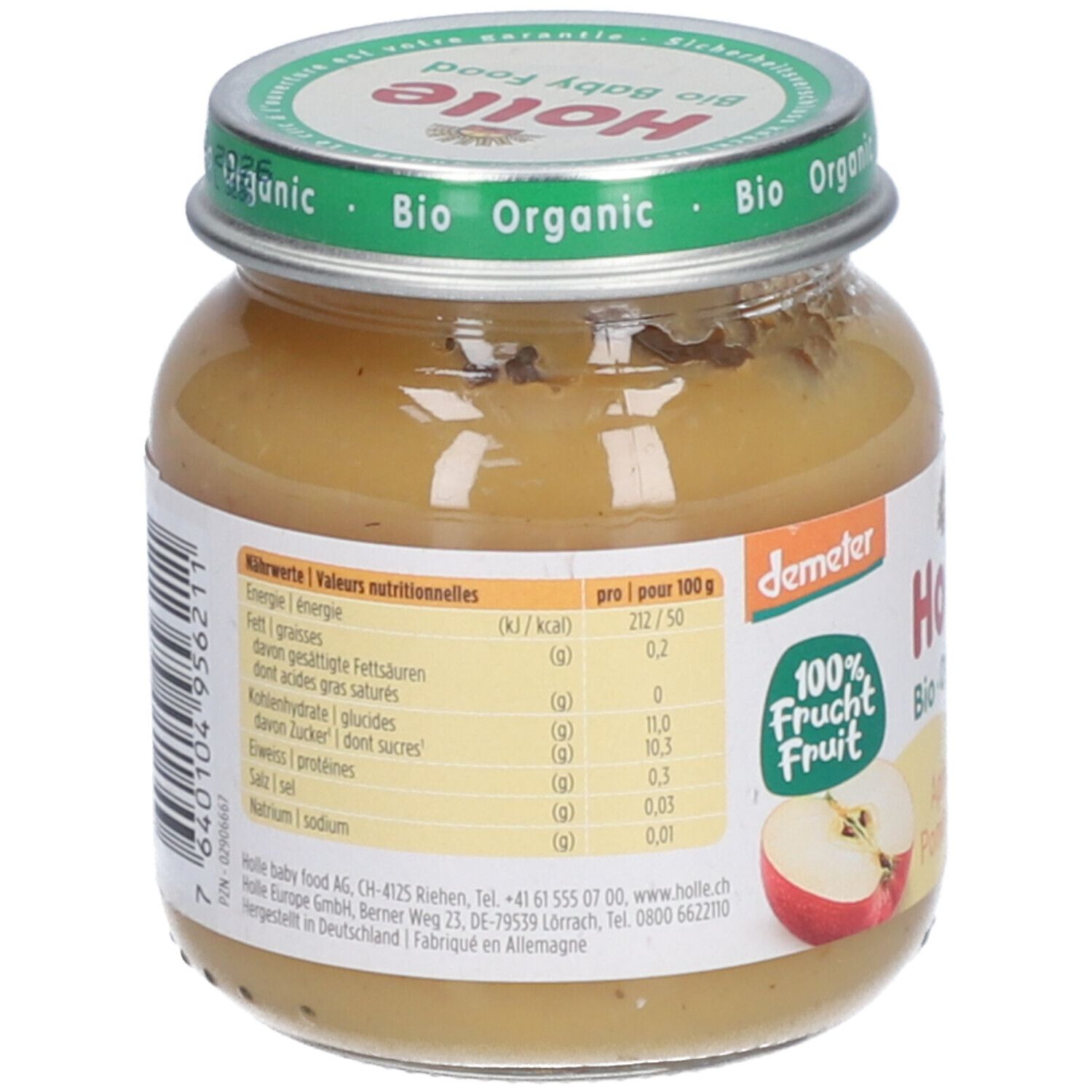 Arrière du pot Holle Bio Pomme Pure : informations nutritionnelles, label Demeter, 100% fruit.