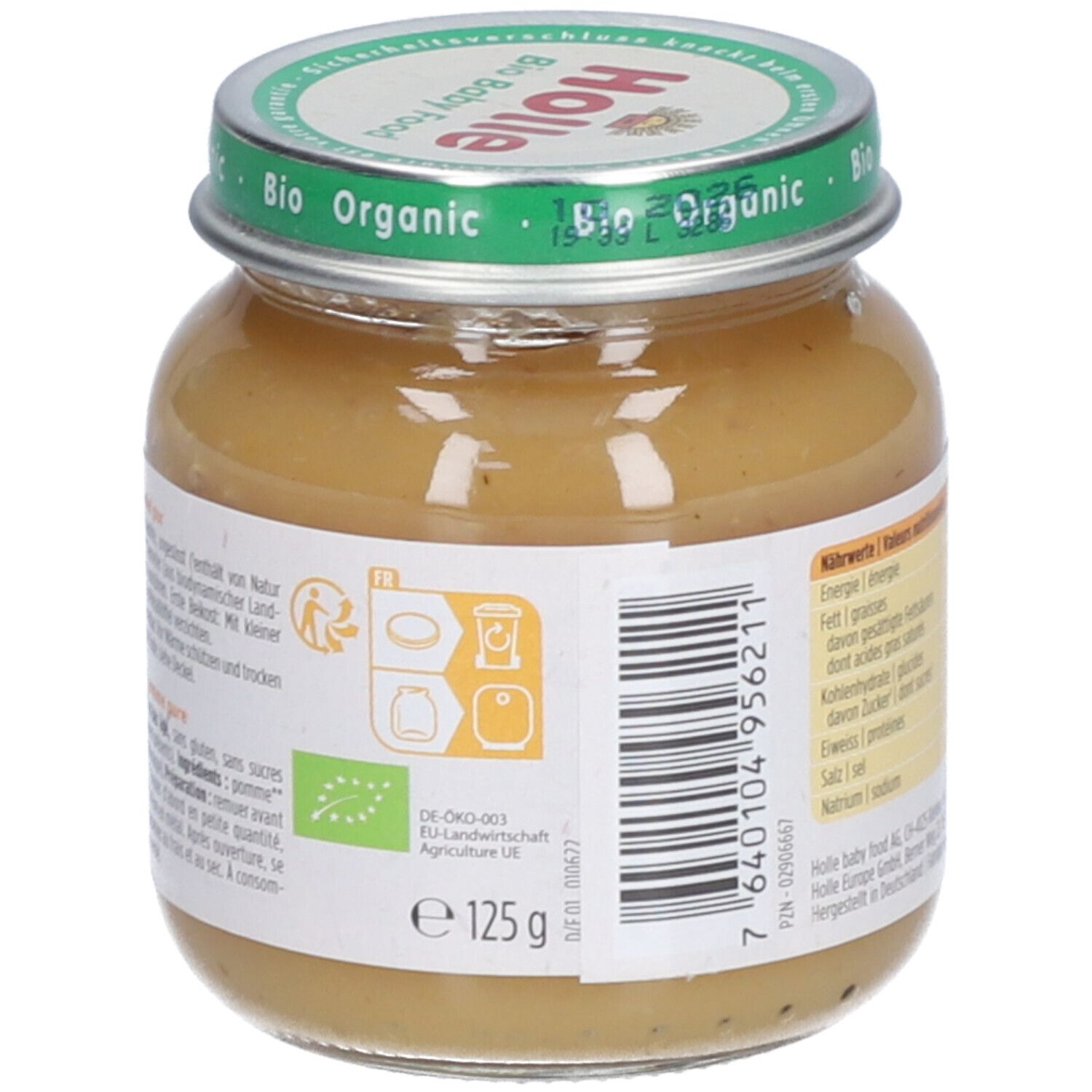 Holle Bio Pomme Pure : pot avec tableau nutritionnel, label Bio UE, Demeter, 125g.