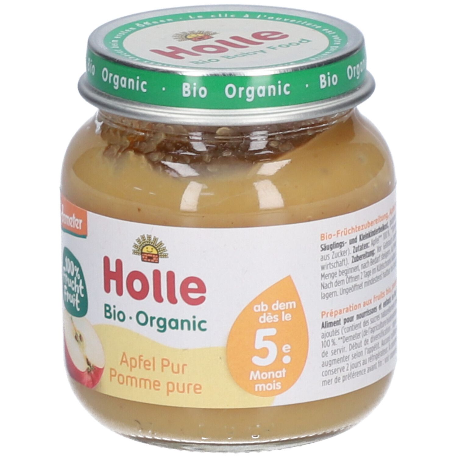 Préparation de fruits bio Holle Pomme Pure, dès 5 mois, label Demeter.