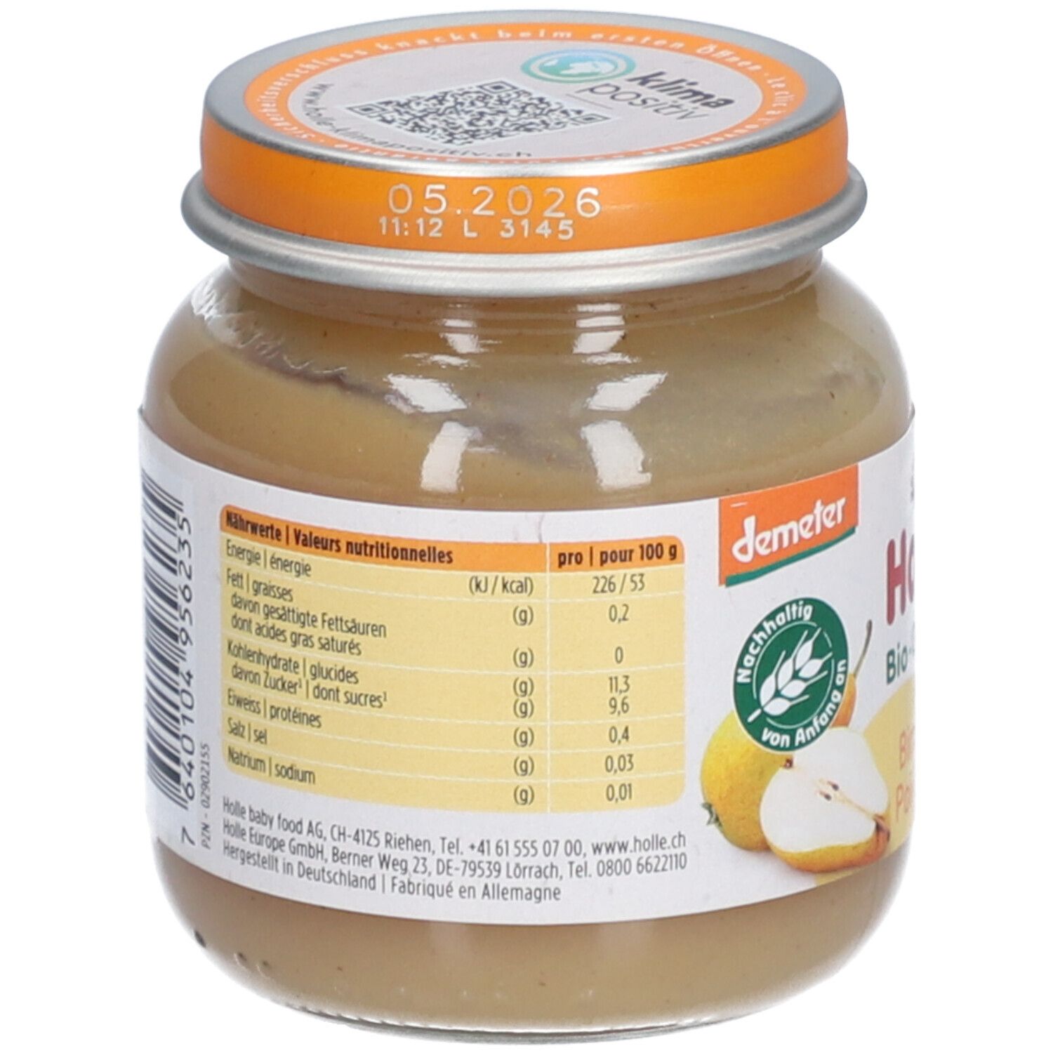 Arrière du pot Holle Bio Poire pure avec tableau nutritionnel et label Demeter.