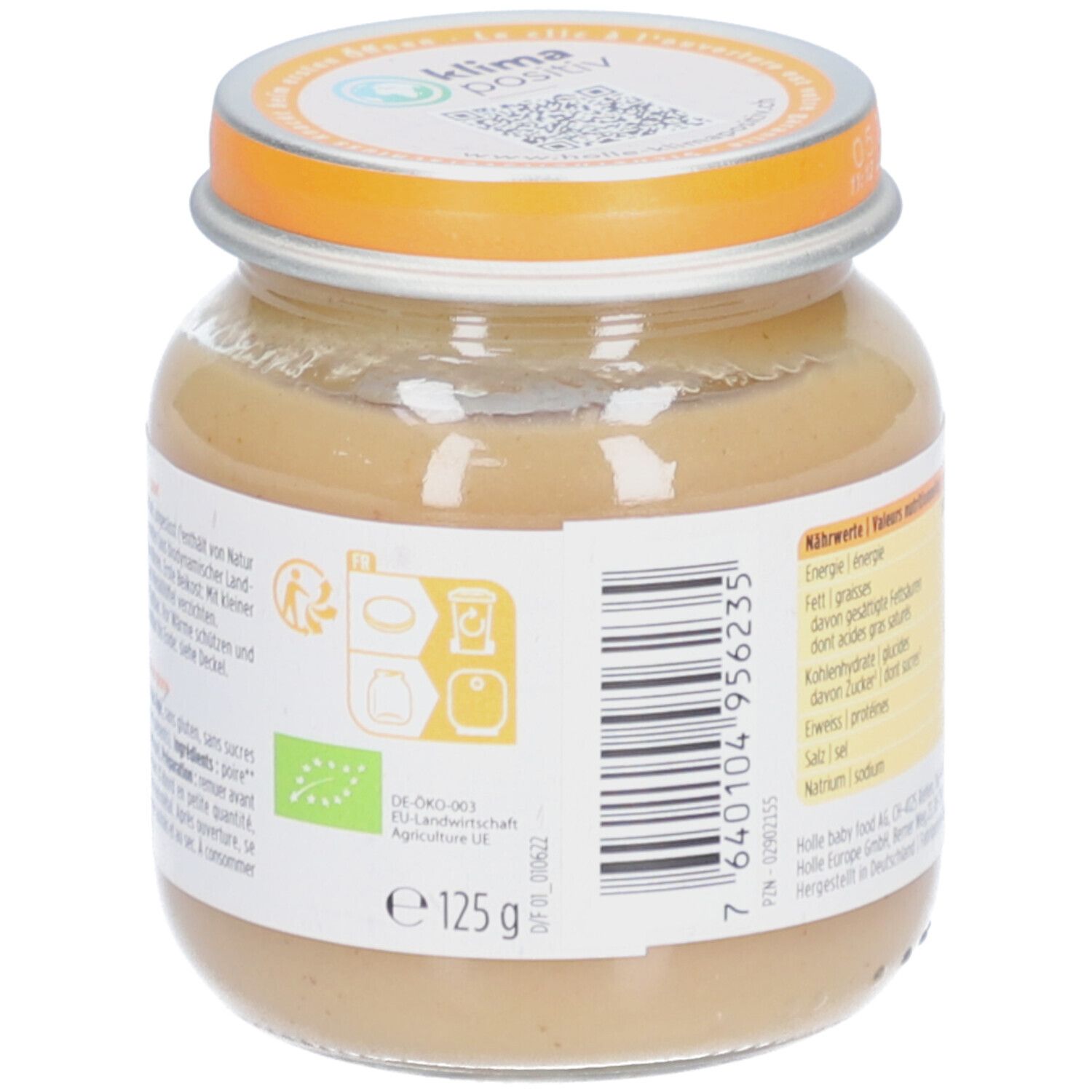 Pot Holle Bio Poire pure, 125g, avec label bio et logo Demeter.