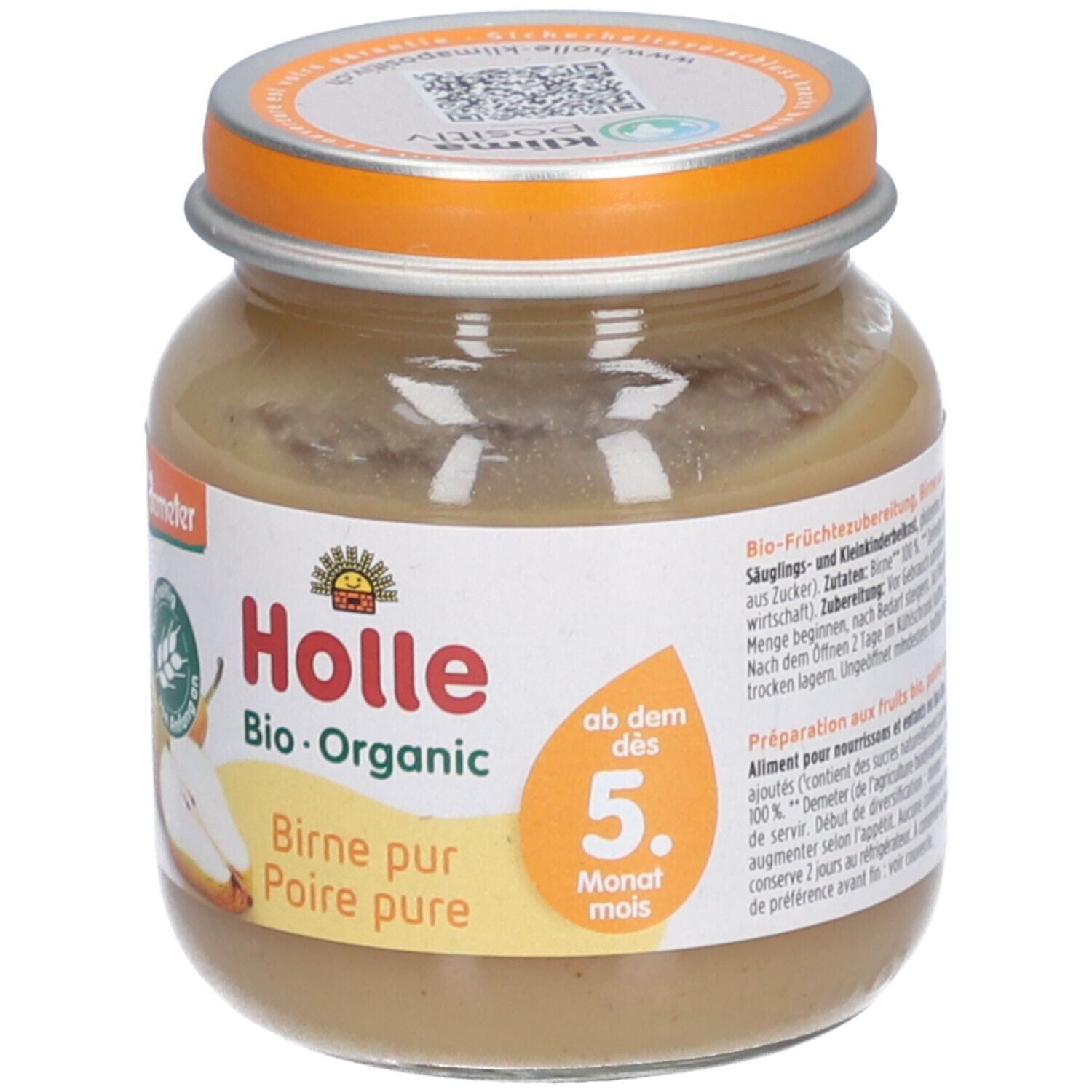 Holle Bio Poire pure, purée pour bébé en pot, dès 5 mois, avec image de poire.