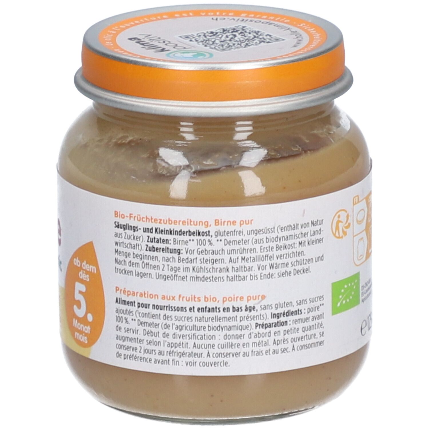 Pot Holle Bio Poire pure avec instructions de préparation et label bio.