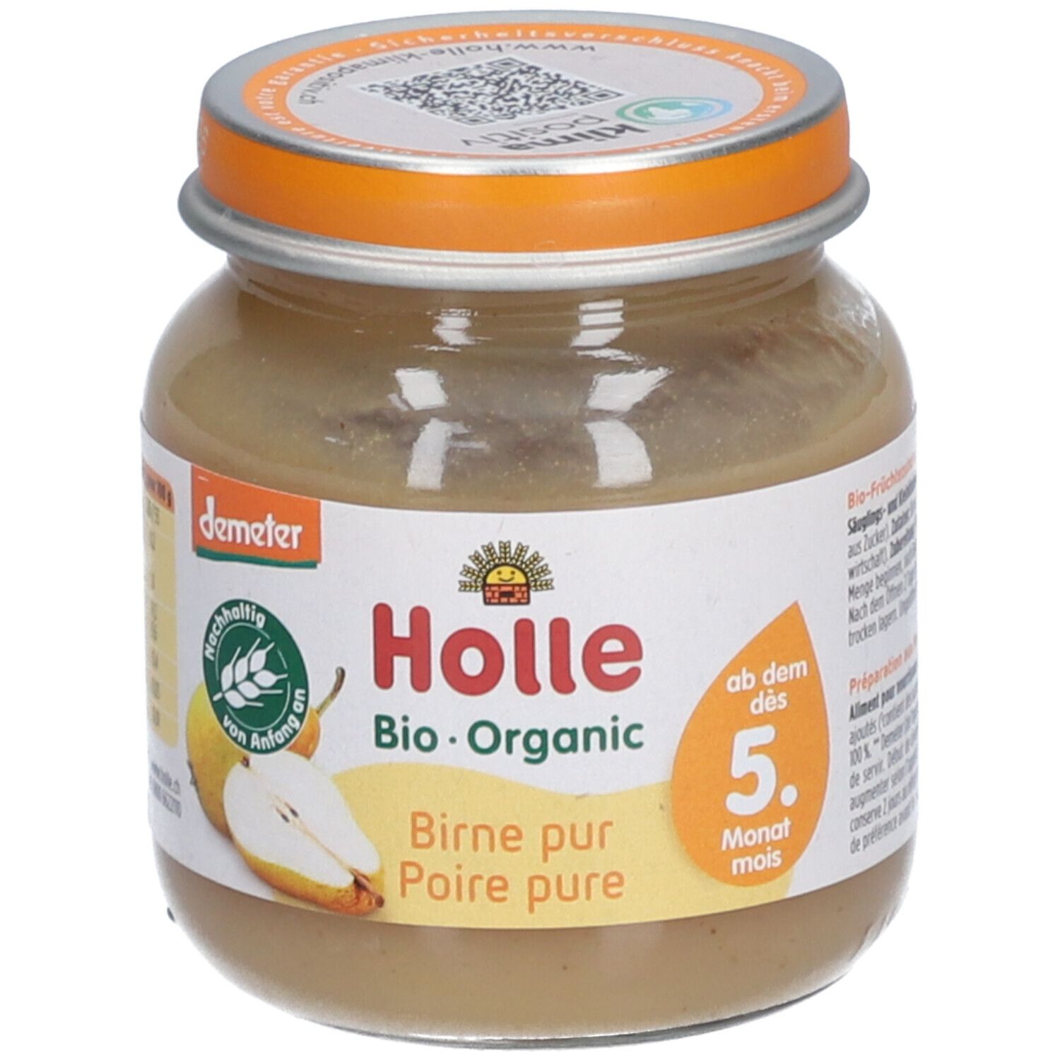 Holle Bio Poire pure, purée pour bébé en pot, dès 5 mois, qualité Demeter.