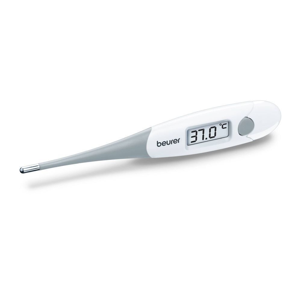 Digitale thermometer met display. Toont 37,0°C. Wit en grijs ontwerp. Beurer-logo.
