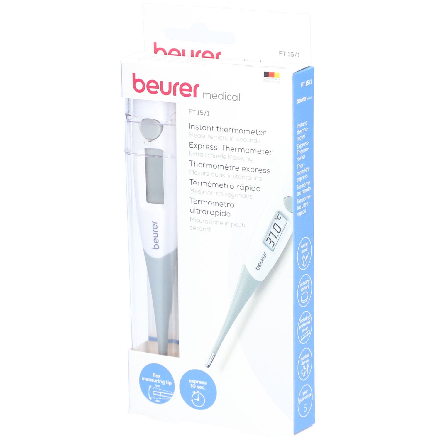 Verpakking van de digitale thermometer. Beurer-logo en productaanduiding FT 15/1.